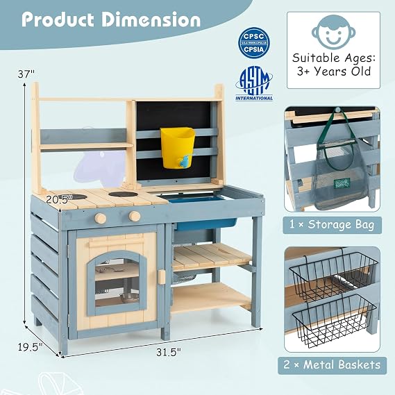 Costzon 2 in 1 Mud Kitchen, Fir Wood Outdoor Play Kitchen & Grocery Store w/Removable Sink, Water Box & Faucet, Stoves, Storage Bag, Metal Baskets, Double-Sided Kids Kitchen Playset for Boys Girls 3+