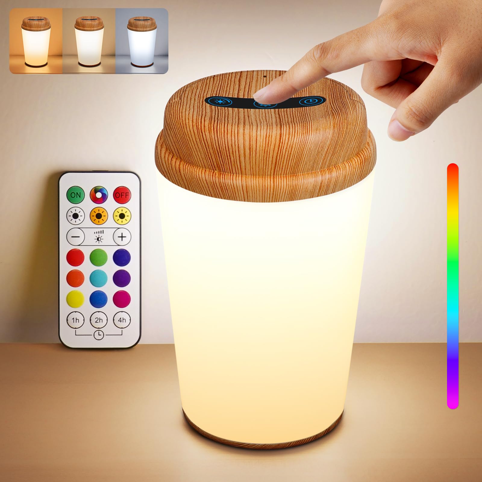 REYLAX Lámpara de Mesita de Noche Regulable, con Control Remoto y Tactil, 12 RGB Cambio de Color Luz Nocturna Infantil, Recargable con Temporizador para Dormitorio, Habitación