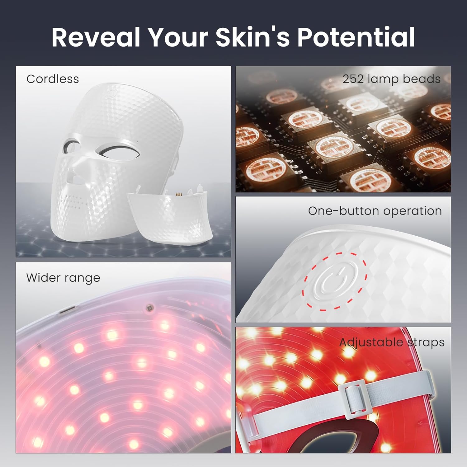 Red Light Mask for Face and Neck, 7+1 Colors Red Light Face and Neck Mask for Women At Home, Cordless, Portable and Rechargeable, White