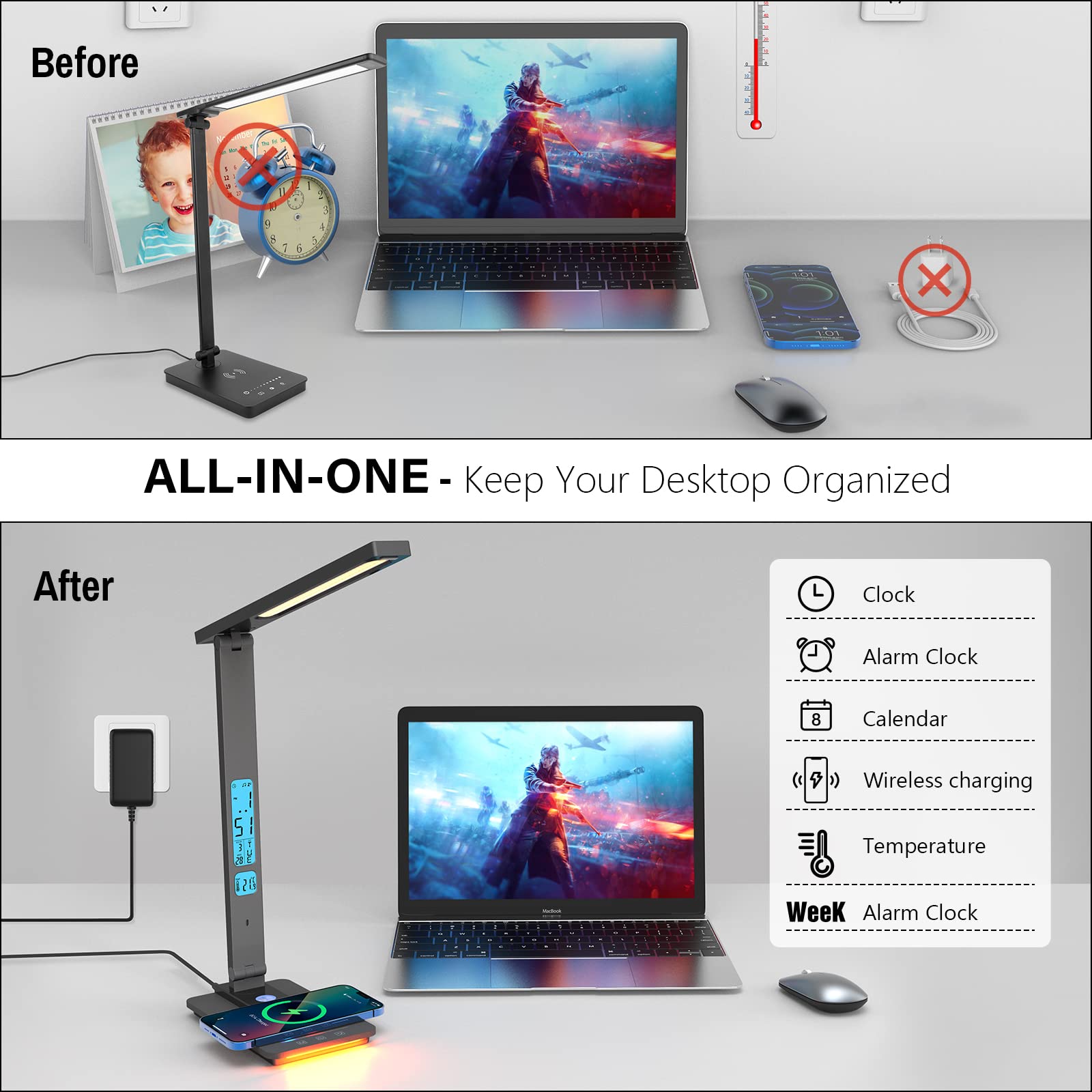 ErayLife Lampada da Scrivania LED, Lampada da Tavolo con Ricarica Wireless e Porta di Ricarica USB, Protegge l'occhio, Pieghevole, Controllo Touch, Timer, Caricabatterie Wireless