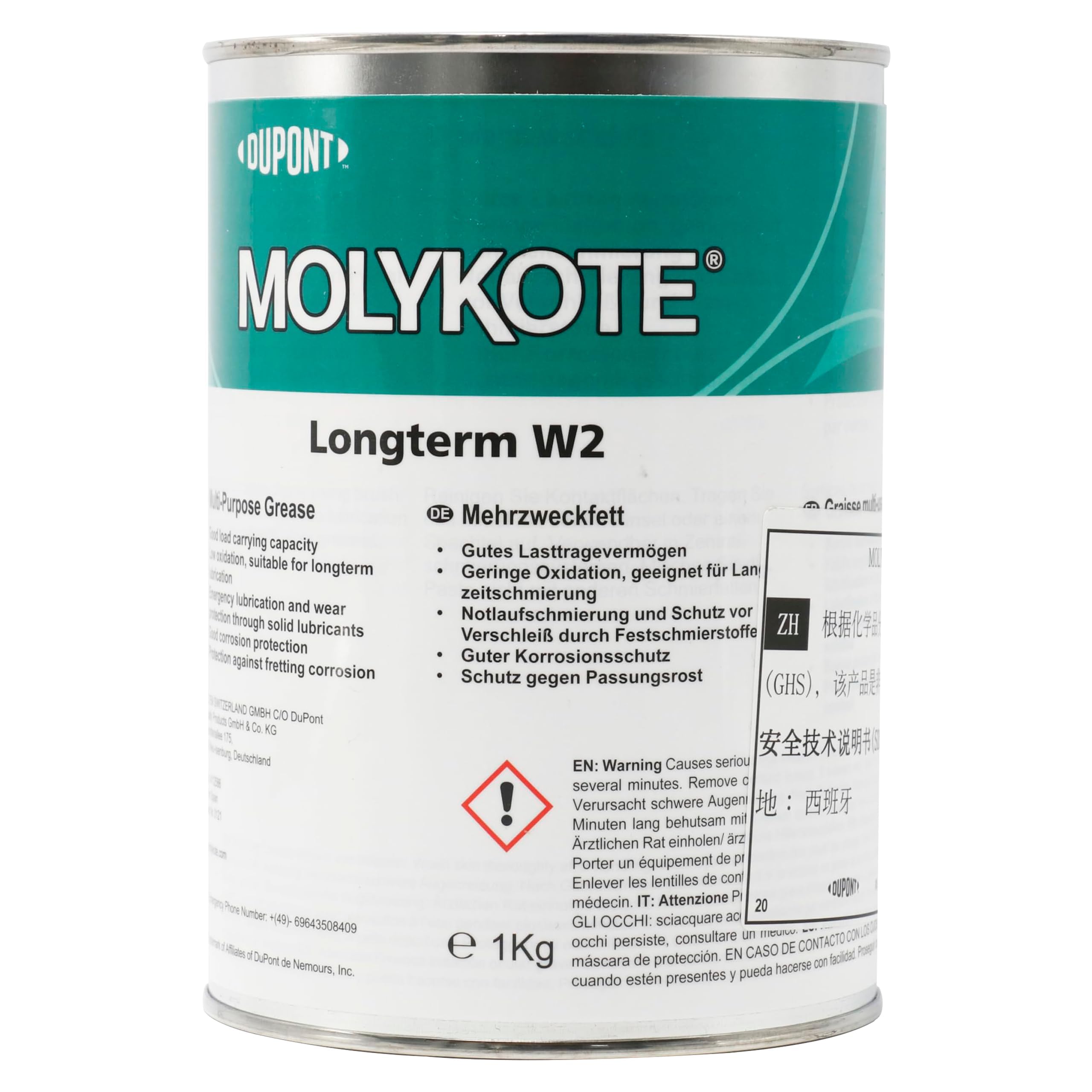 Molykote Longterm W2 High Performance Grease 1 kg di grasso lubrificante bianco, multiuso per combinazioni metalliche, cuscinetti macchine, movimento lento e veloce, carico medio, classe NLGI