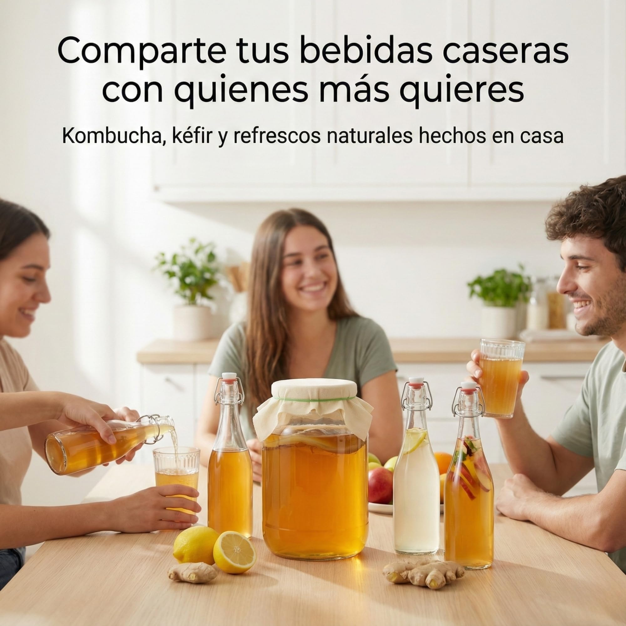 myFERMENTS - Kit Kombucha y Kefir | Bote Grande de 4 L | 6 Botellas de Vidrio con Cierre Hermético de 750 ml | Embudo y Muselina | para Todo Tipo de Bebidas Fermentadas