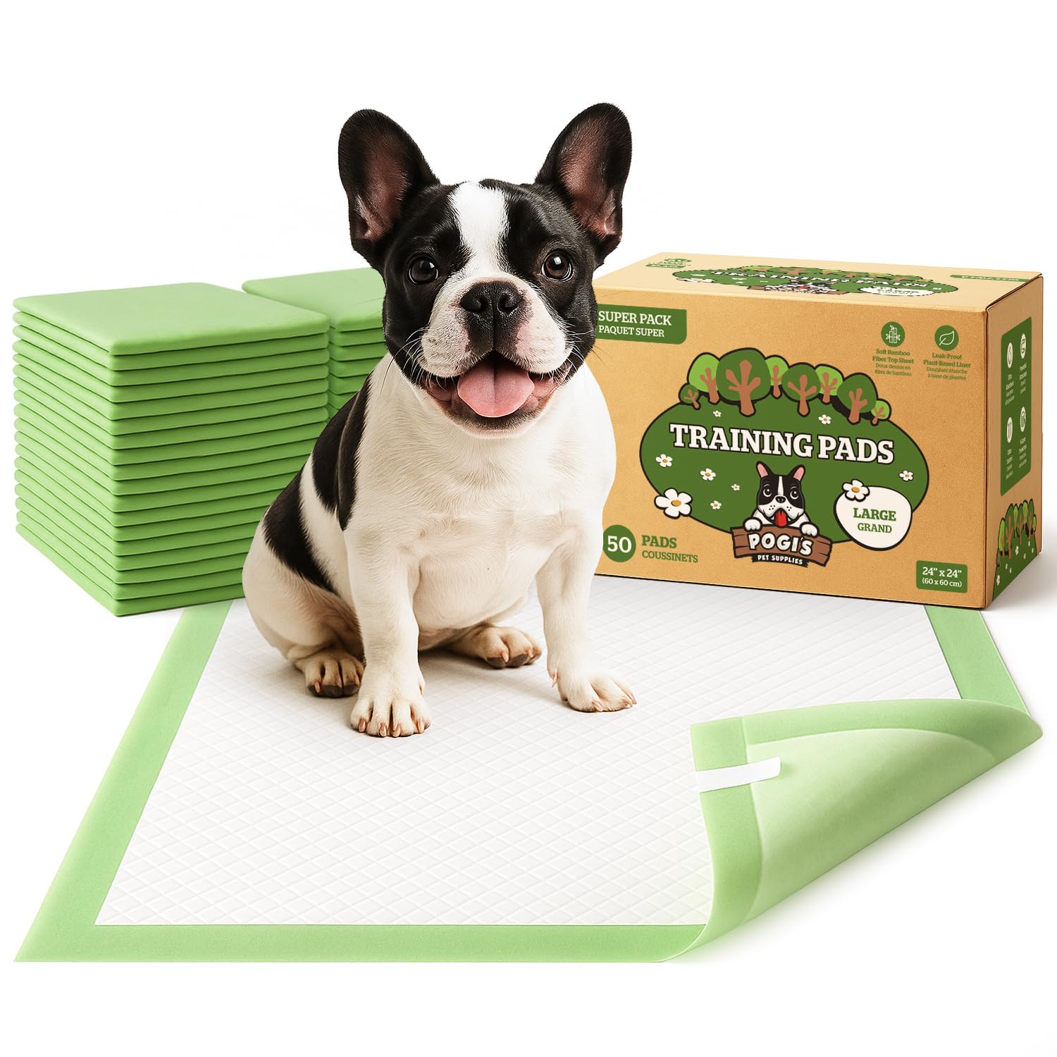 Pogi's Dog Training Pads with Sticky Tabs – Eco-Friendly, Odour Blocking & Super Absorbent – 50-Pack (60 × 60 cm)