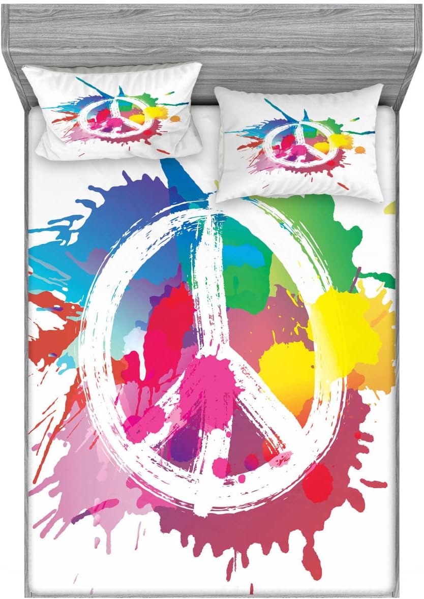 Ambesonne Groovy Fitted Sheet & Pillow Sham Set, Famous Widely Used Peace Logo with Colorful Splash Grunge Style Pacifism Themed, Decorative Printed 3 Piece Bedding Decor Set, Full, Multicolor