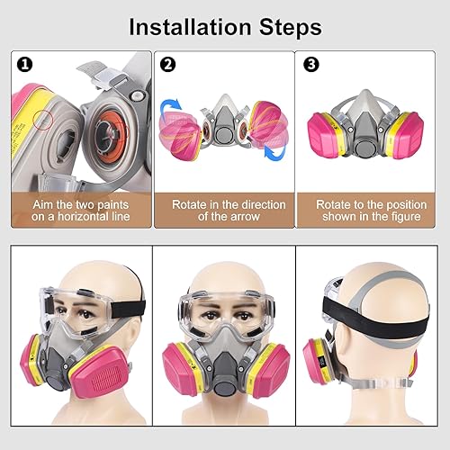 Miniatura 5 de Máscara respiradora de media cara con filtros, máscara contra el polvogas con gafas antivaho, juego de cubierta reutilizable de media cara para