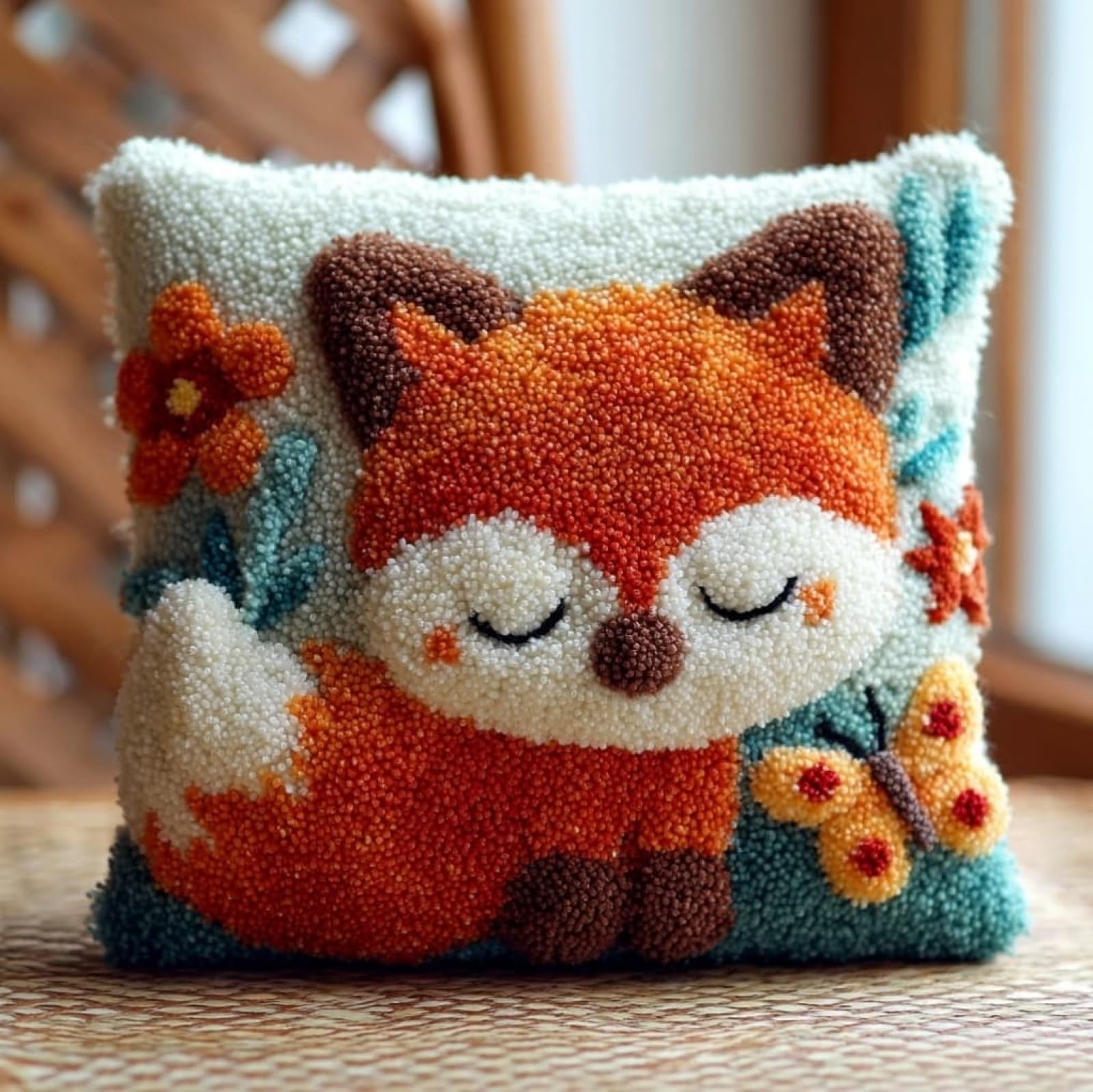WallustrioaW Latch Hook Cushion Kit 43x43cm,Fox and Butterfly
