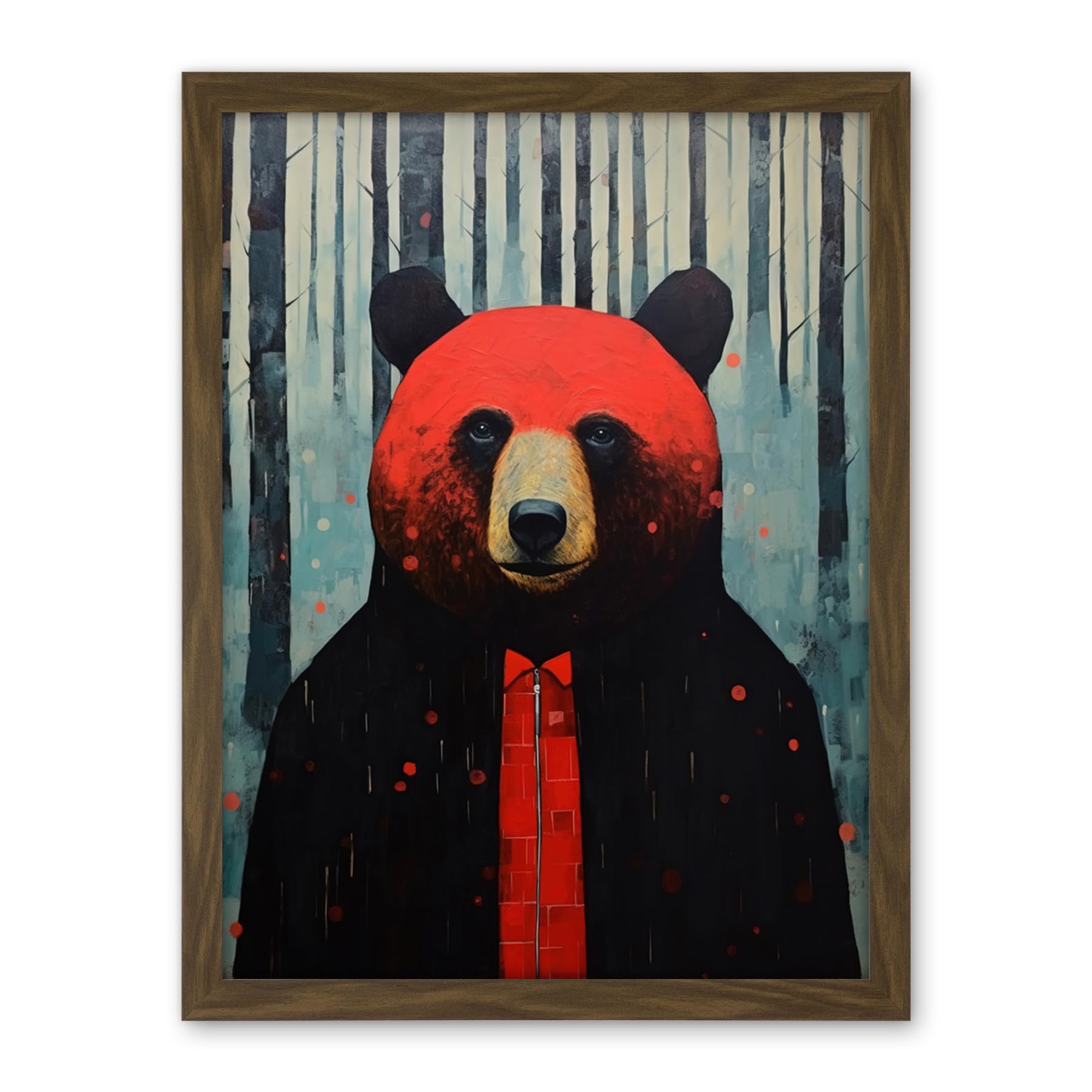 Artery8 Hipster Red Bear Artwork Oil Painting Black Blue Artwork Forest Trees Artwork Framed Wall Art Print 18X24 Inch