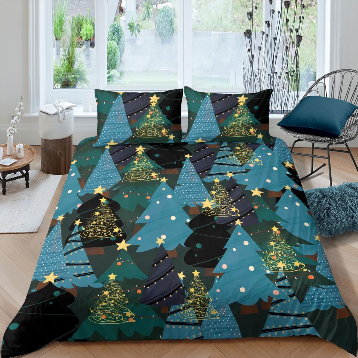 CCoutueChen Green Red Christmas Trees Bedding Set Twin Size