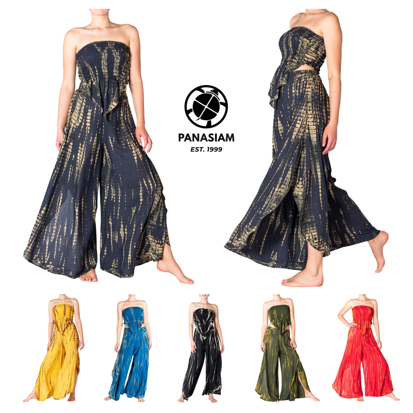 PANASIAM Tie-Dye Traje de Dos Piezas Cuba - Bustier Bandeau y Pantalones Palazzo, Top Corto Corset Sexy, Vestido Pantalón de Pierna Ancha - Mujer