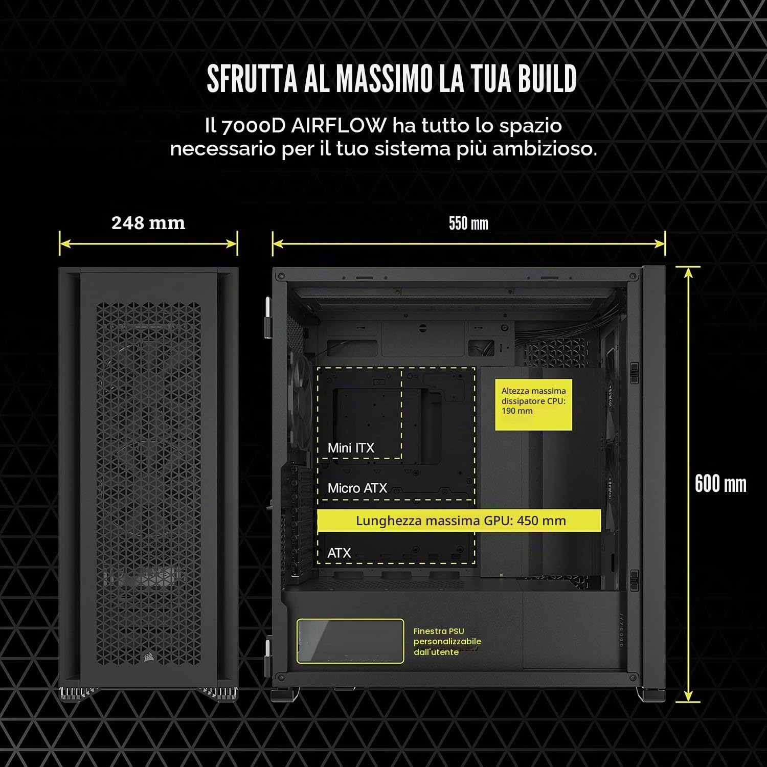 Corsair 7000D AIRFLOW Case per PC ATX Full-Tower (Pannello Anteriore a Flusso d'aria Elevato, Tre Ventole da 140 mm con Ripetitore PWM Incluse, Generoso Spazio Interno), Nero