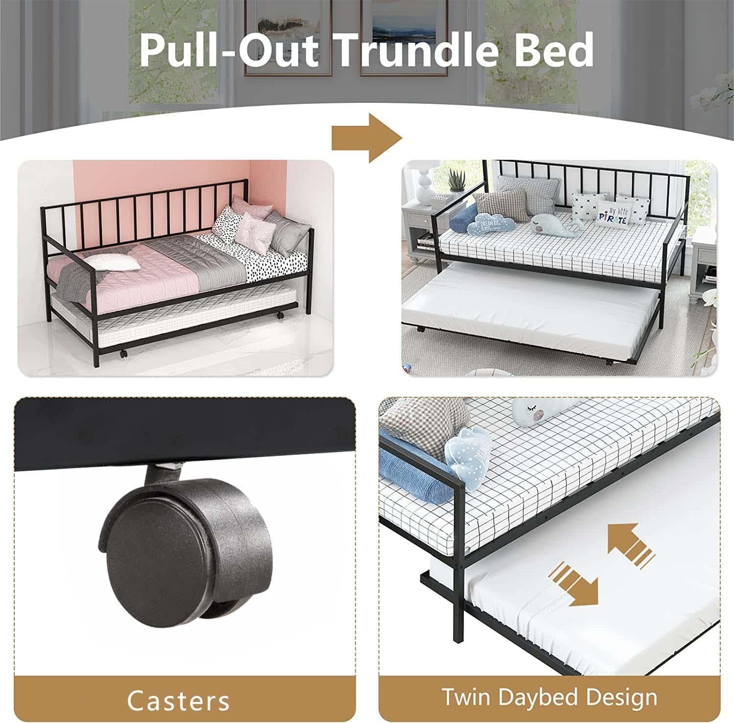 Metal Daybed with Trundle, Twin Size Day Bed Frame with Pullout Trundle, Heavy-Duty Daybed for Living Room Bedroom and Adults, Black (Black)