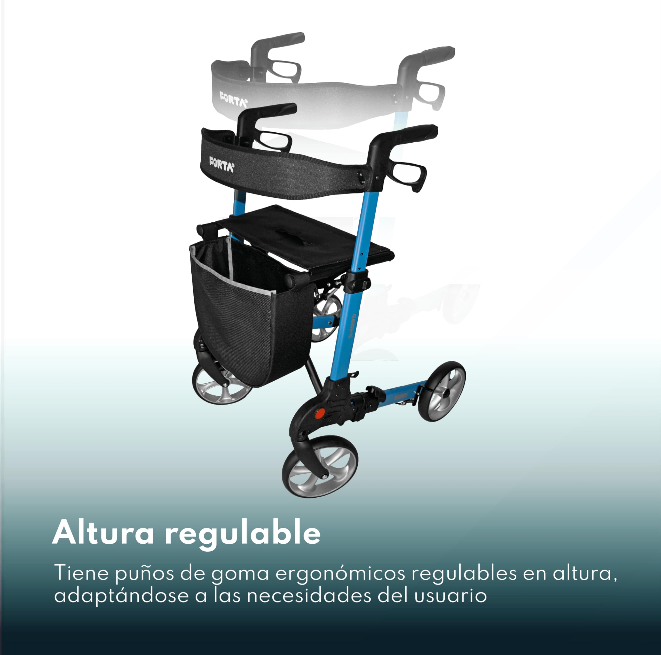 Forta - Andador Rollator Karibú, Andador para Ancianos, con Asiento y Cesta de tela, Freno de maneta, Andador Plegable, Peso máximo 130 kg, Talla L, Azul