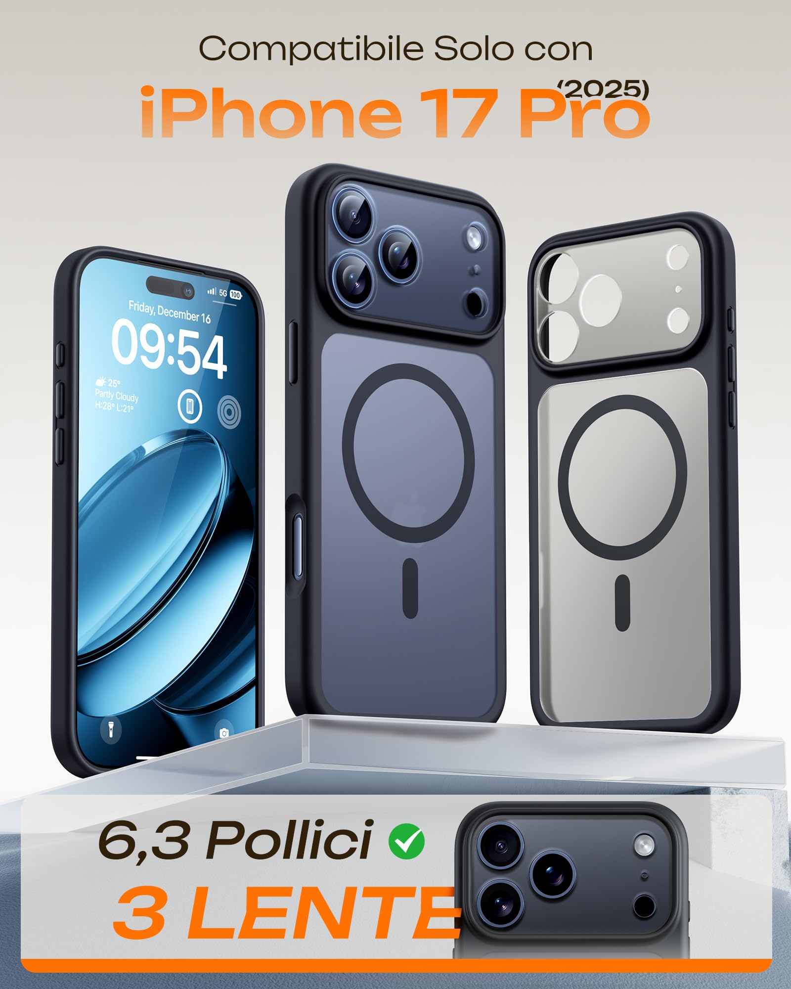 TOCOL Cover Magnetica per iPhone 17 Pro 6,3 Pollic, Compatibile con MagSafe, Anello Magnetico Incorporato, Protezione Fotocamera Integrata, Custodia Antiurto Traslucida Opaca, Nero