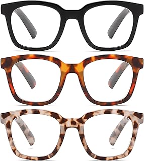 3 Pack Oprah Style Reading Glasses for Women Blue Light Blocking Square Readers, Anti Glare/Eyestrain Spring Hinge