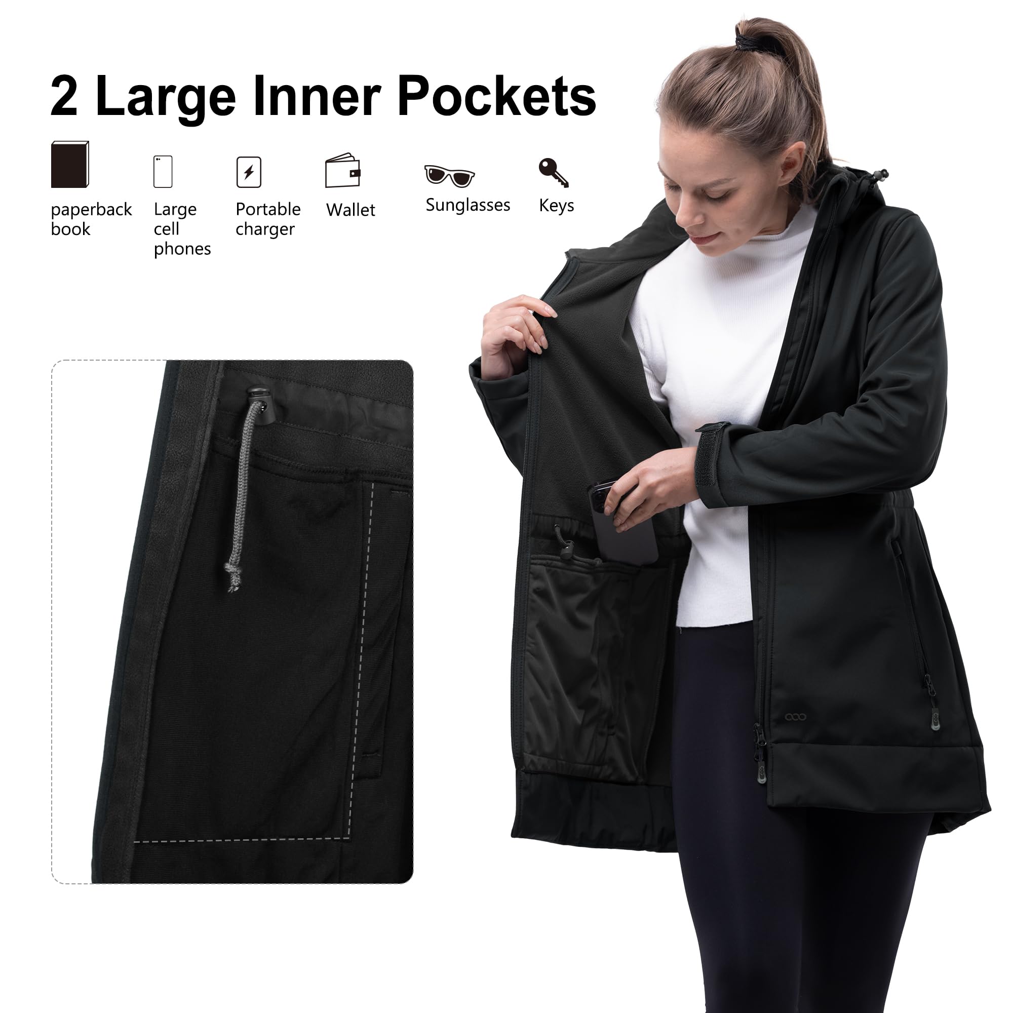 33,000ft Femme Veste Softshell Imperméable Longue Légère Jacket À Capuche Veste de pluie softshell Blouson Coupe Vent pour Activites En Exterieur Course à pied Randonnée Noir L