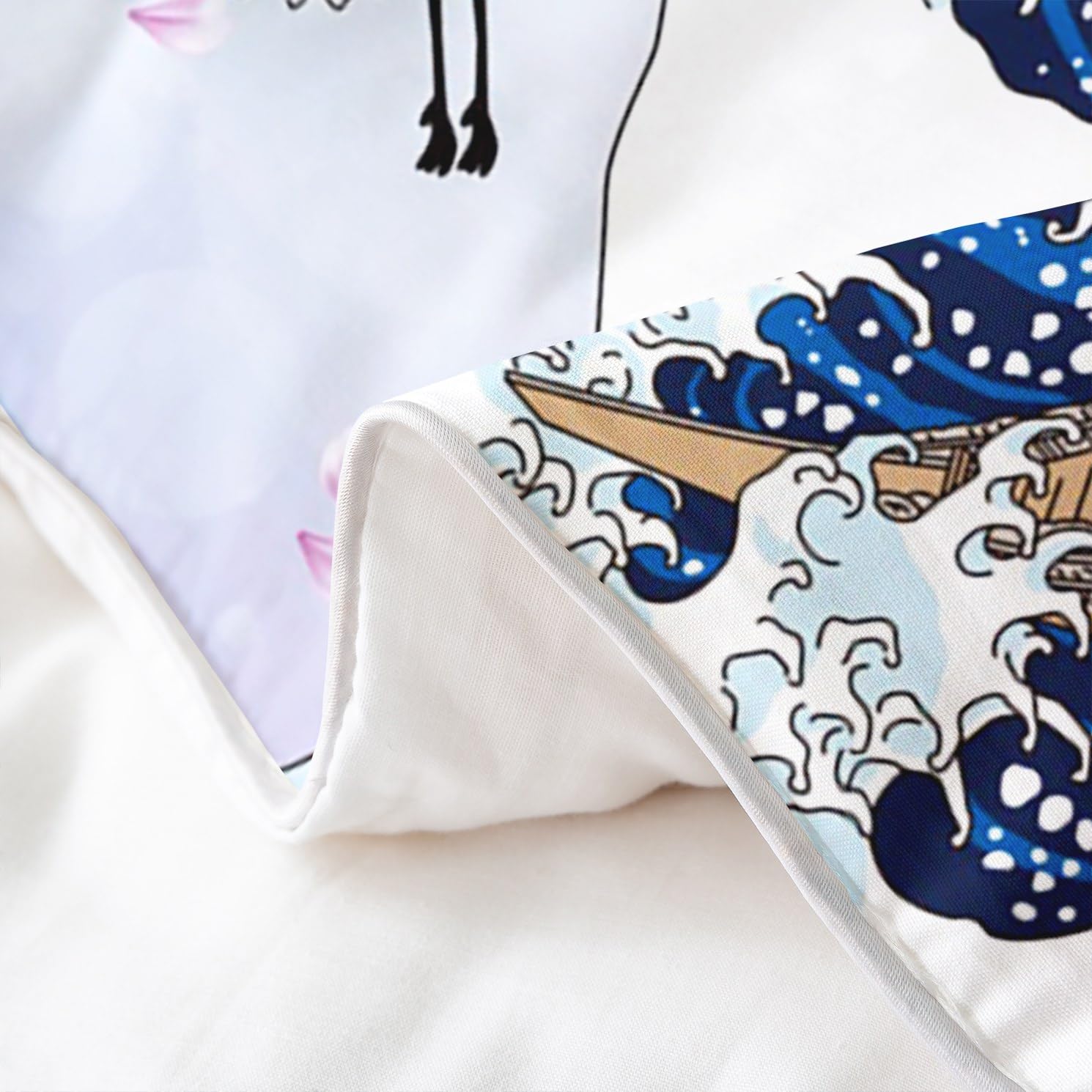 Homemissing Fleur de Cerisier Parure de lit 200x200cm 100% Coton Chic Crane Housse de Couette 100% Coton Enfants Vagues décoration Rose Ukiyo - e Japonais thème Ensemble avec 2 taies d'oreiller,