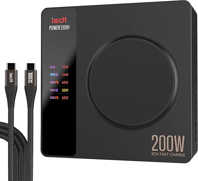 ISDT Power 200 Seires USB C Charger,200W Phone Charger with 4 USB+1 Wireless Charger Ports,LCD Display Multifunction Desktop Charger,Fast Charger Compatible with iPhone,Tablet,iWatch ect (Power 200H)