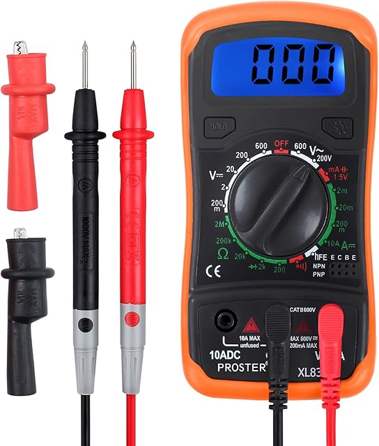 Digital Multimeter Portable Voltmeter Ammeter Ohmmeter with Test Leads Battery Mini Multi Tester Meter DMM with Backlight LCD for DC AC Voltage DC Current Resistance Diodes Transistor Audible Continuity