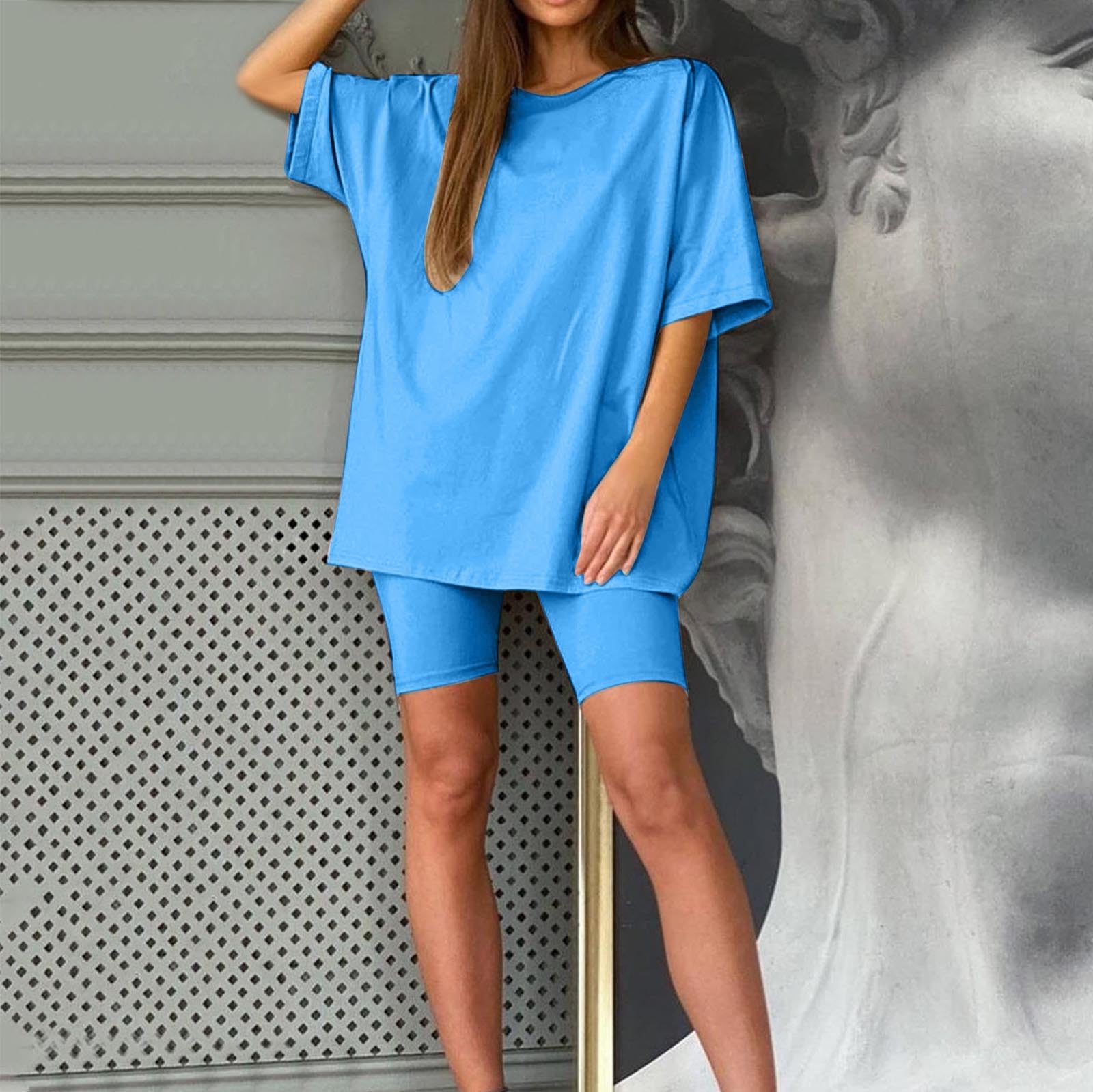 Generisch Trajes de dos piezas para mujer, tops de manga corta y pantalones cortos, conjuntos de deportes de yoga para correr