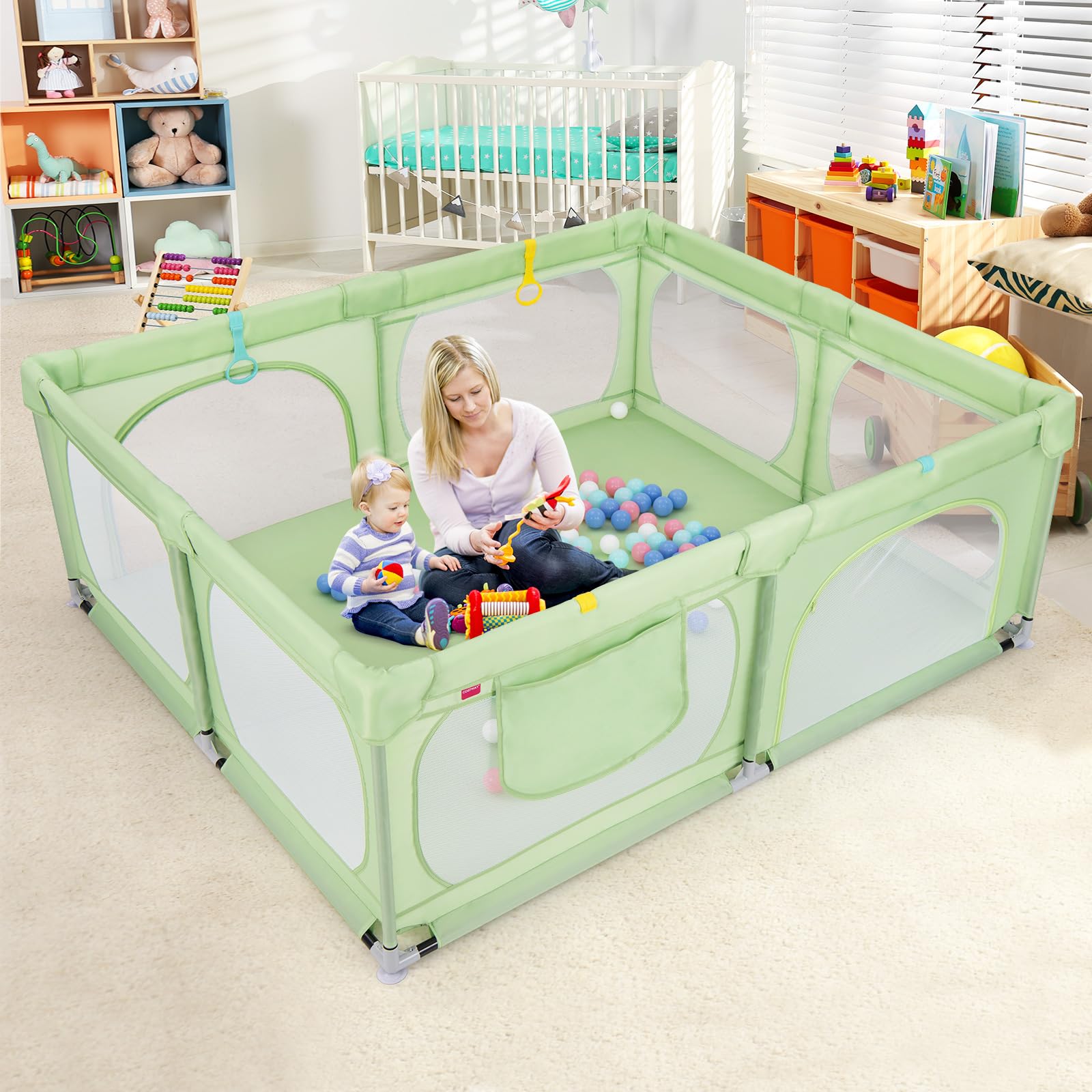 COSTWAY Recinto per Bambini, Box Pieghevole con Rete Traspirante, Centro Attività per Neonati con 50 Palline, Box Giochi per Bambini 0-3 Anni (Verde, 189 x 158 cm)