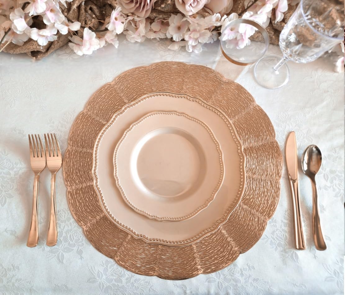 Occasions 10 Pieces Pack/Placemats Washable Easy to Clean PVC Heat-resistand Woven Vinyl Table Mats (Bloom-Matt Rose Gold)