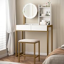 Small Vanity Desk with Mirror and Lights and Chair, Compact Makeup Vanity with Chair for Small Spaces, Dressing Table with Drawer, Power Outlet & Open Storage Shelves White and Gold