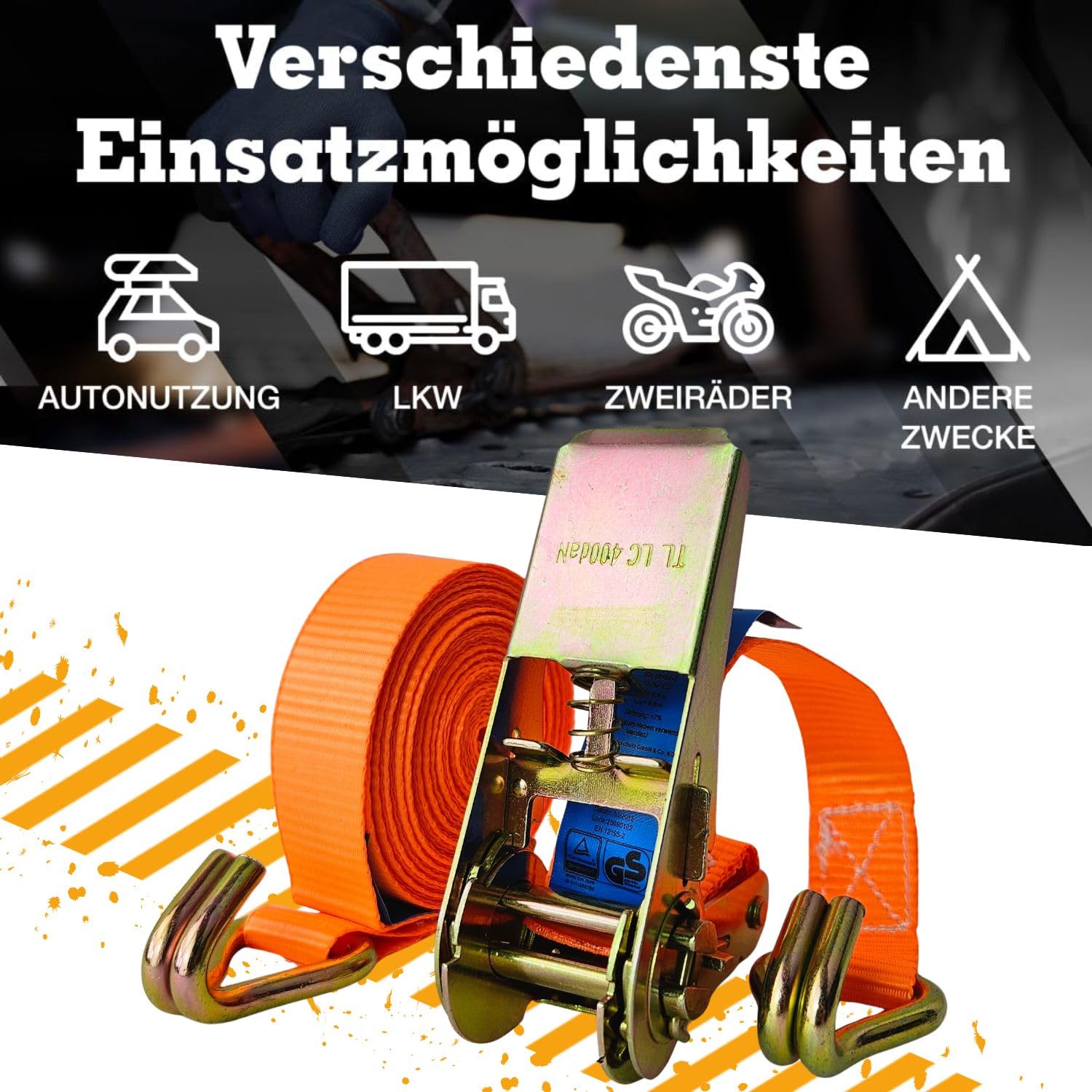 Safetytex Spanngurt mit Ratsche 2teilig - Ratschengurt 800kg - 6m x 25mm - Zurrgurt zweiteilig mit Haken und Ratsche 800 dan - perfekt für die Ladungssicherung (20 Stück)