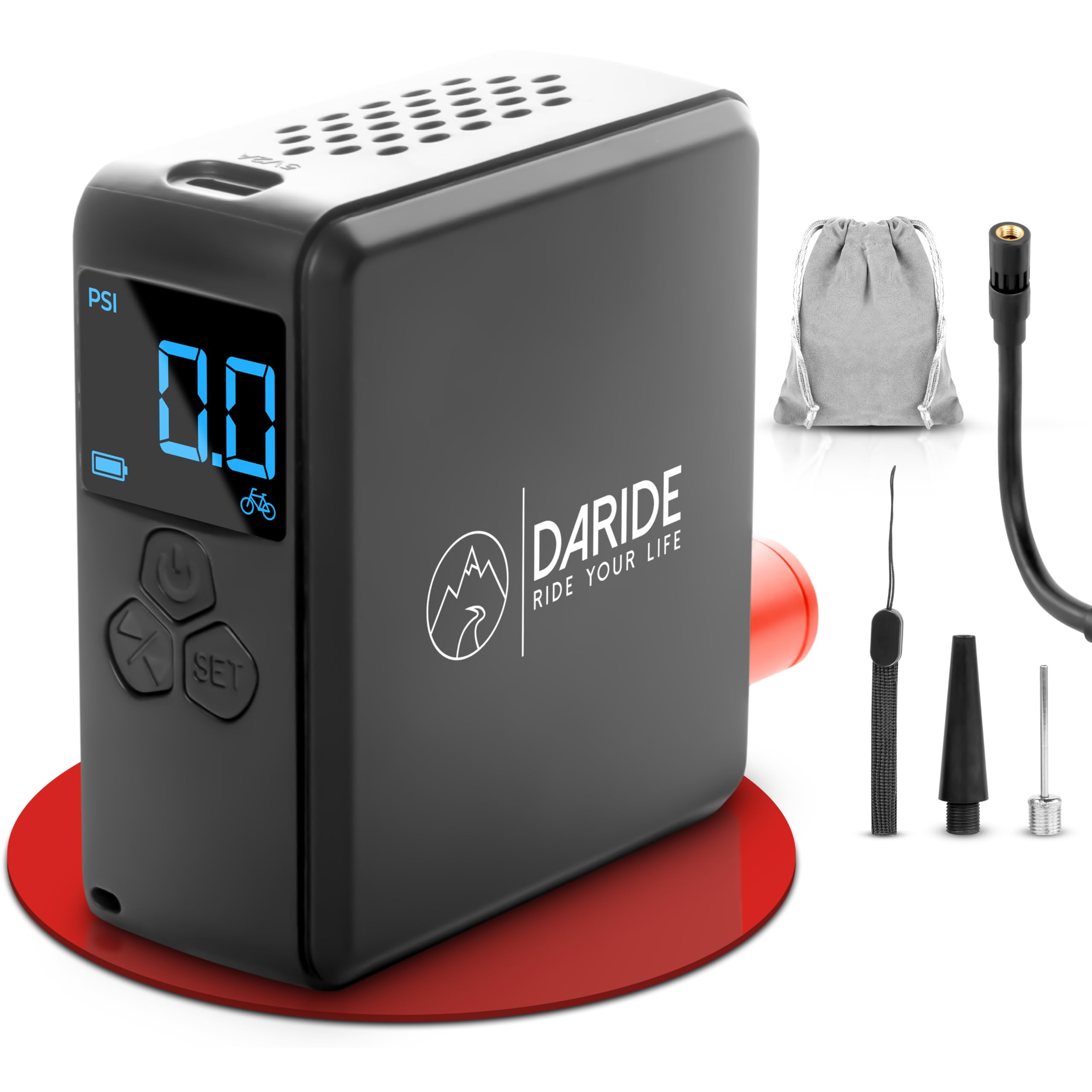 Mini Elektrische Fahrradpumpe - Kleine Akku Luftpumpe & Kompressor für Fahrrad, Auto, Motorrad, Bälle, Tubeless | [10,3 Bar] | Tragbarer Minipumpe & Reifendruckprüfer mit LED-Bildschirm