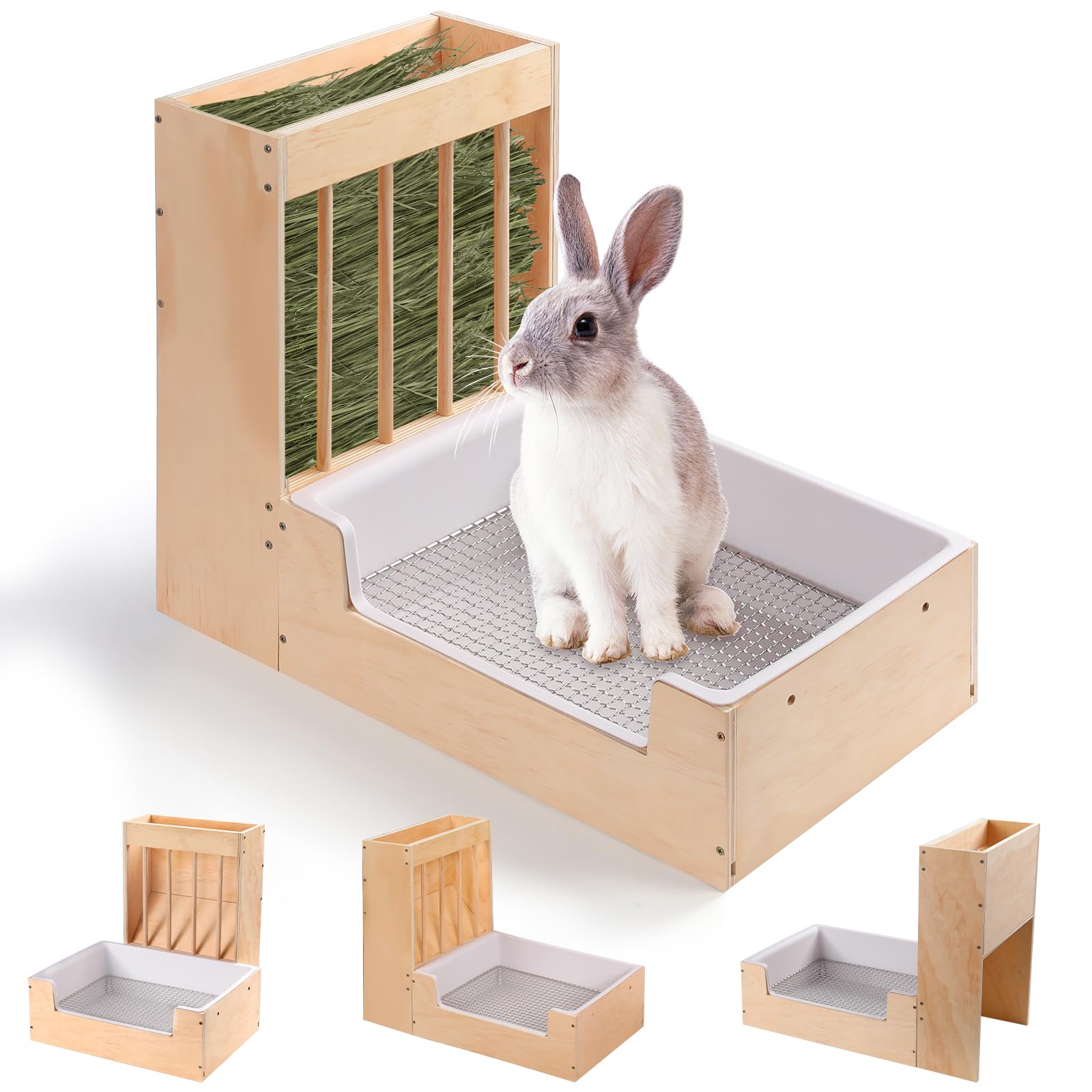 Großer 2-in-1 Heu- und Streu-Set für Kaninchen - Holzdesign, schmutzgeschützt für Meerschweinchen, Chinchillas, Hamster und Kaninchen