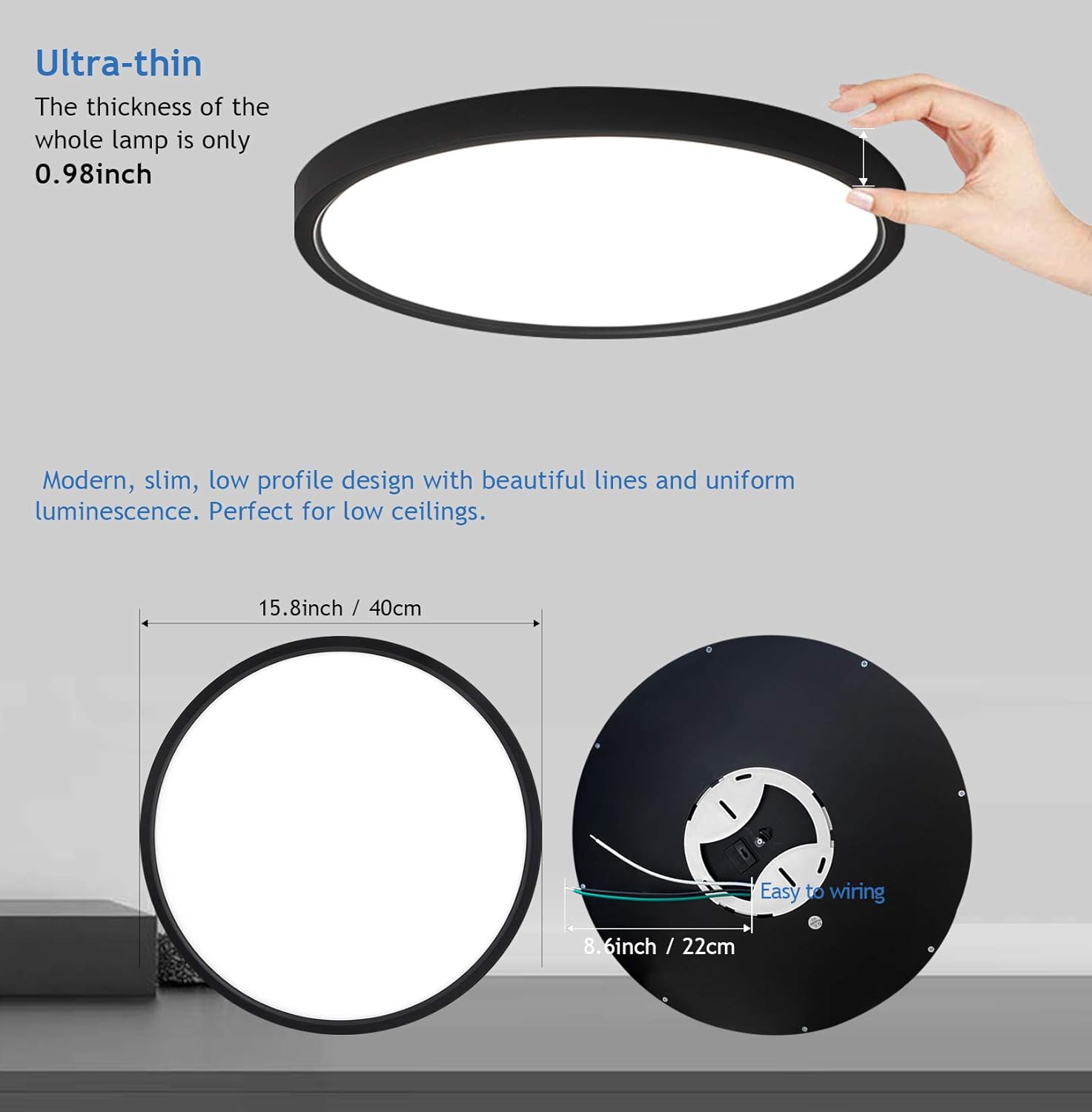 Get Popular Offer 15.8 Inch Black Dimmable LED Ceiling Light Flush Mount 24W 3000K-4000K-5000K Selectable, Ultra Thin 0.98, 120V, ETL Listed, for Kitchen Dining Room Bedroom
