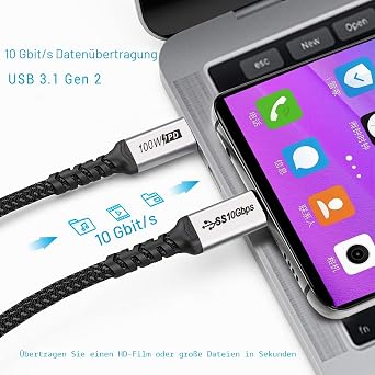 USB C auf USB C Kabel kurz 50cm [2Stück] PD 100W 3.1 Gen 2 Schnellladekabel E-Mark Chip SuperSpeed 10Gbps 4K Video Datatransfer für ThinkPad Yoga Samsung Galaxy Note S8 S9 T5 LaCie SSD