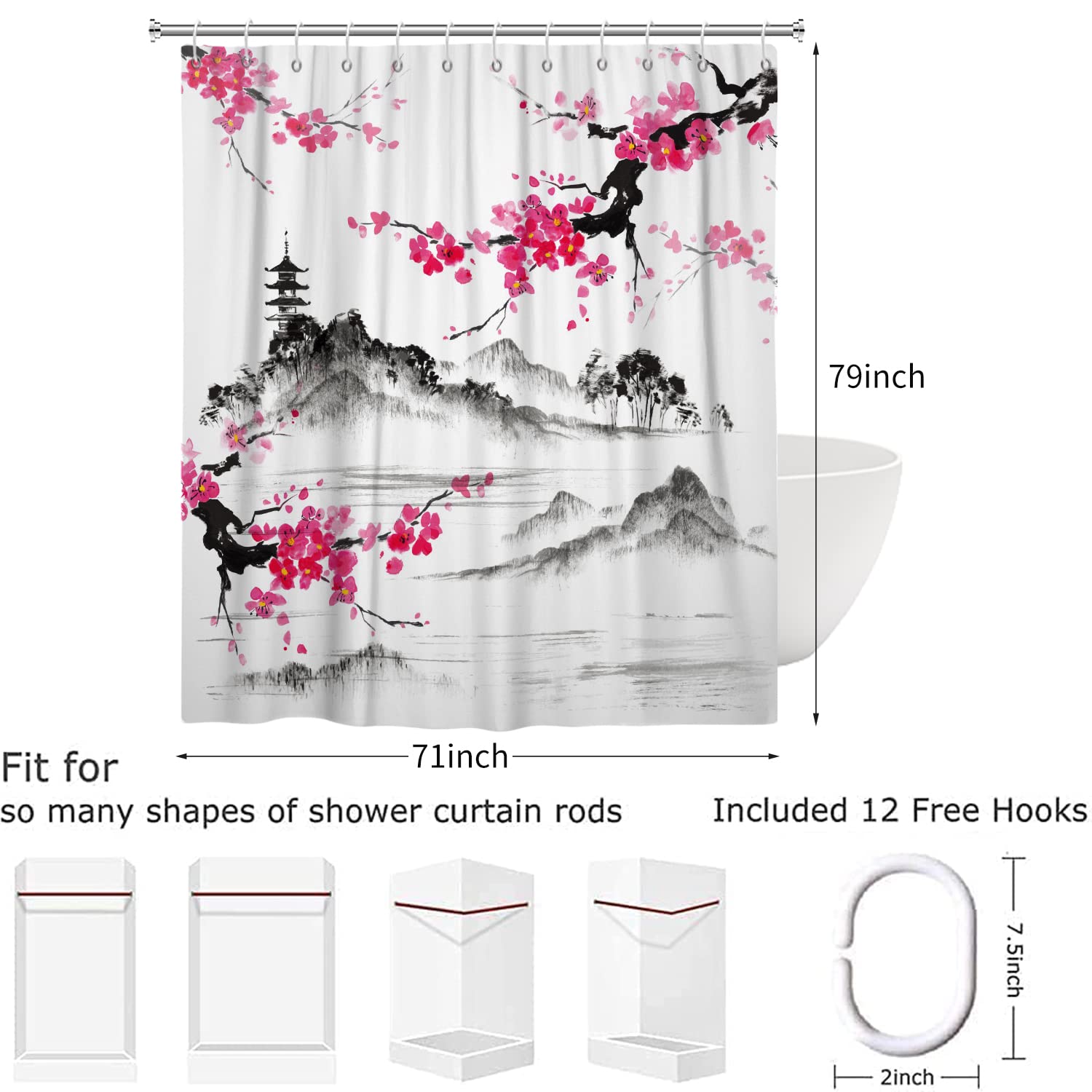Rideau De Douche Fleurs De Cerisier 180x180cm - Style Japonais Imperméable Lavable