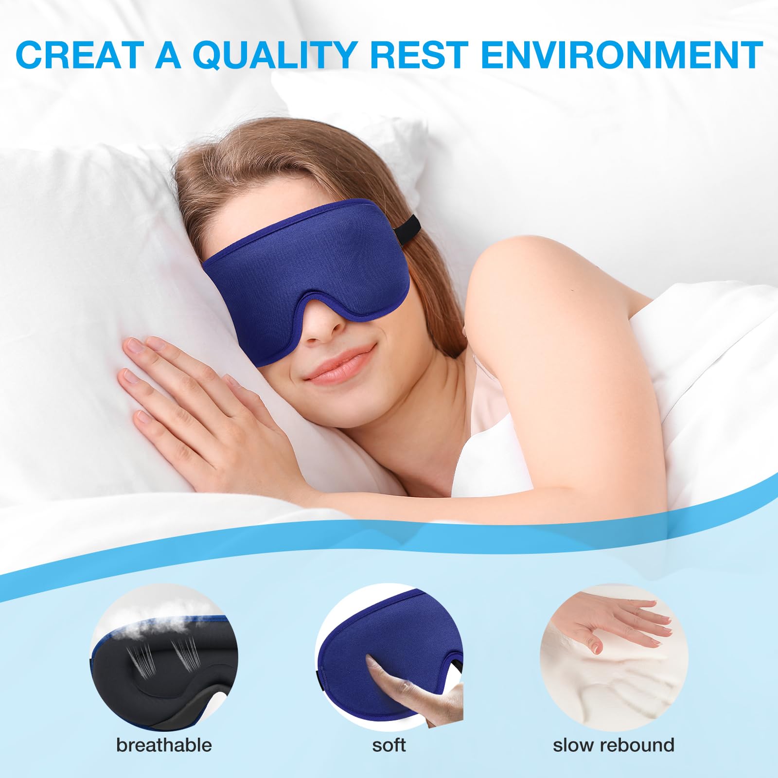 LYSIAN Cooling Sense - Antifaz 3D para dormir para mujeres y hombres, máscara de ojos con diseño contorneado con 5 pares de tapones para los oídos, bloquea la luz para un sueño profundo, color azul | Máscara opaca sin presión sobre los ojos, ajustable y c