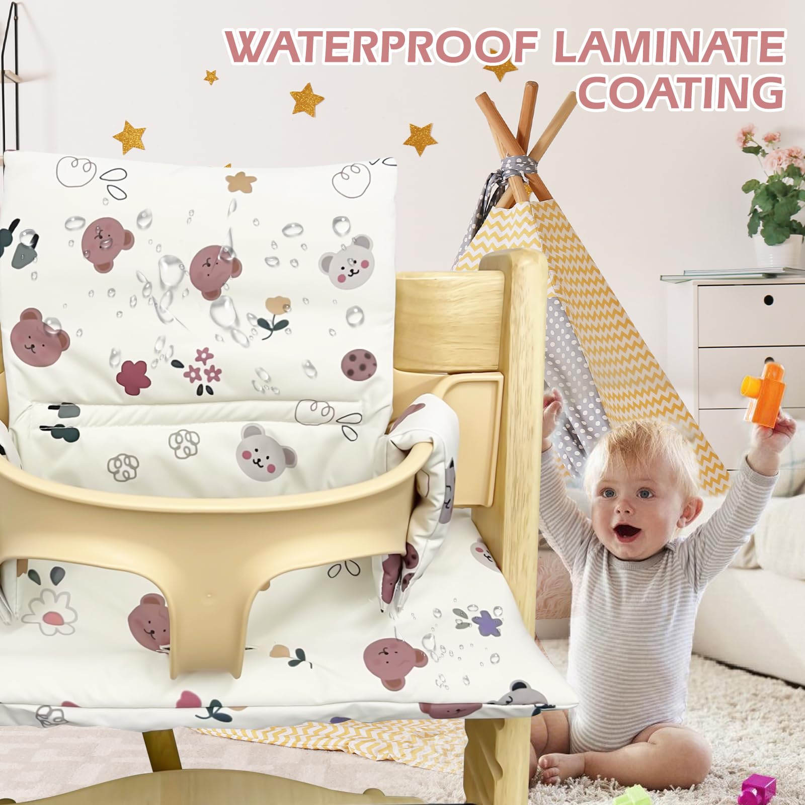 Sitzkissen für Stokke Tripp Trapp Hochstuhl: Rutschfest Hochstuhl Sitzkissen Set, Laminierte Beschichtung, Bio-Baumwolle Baby Sitzkissen, Maschinenwaschbar, Einfach Befestigung, Blumen, Bären