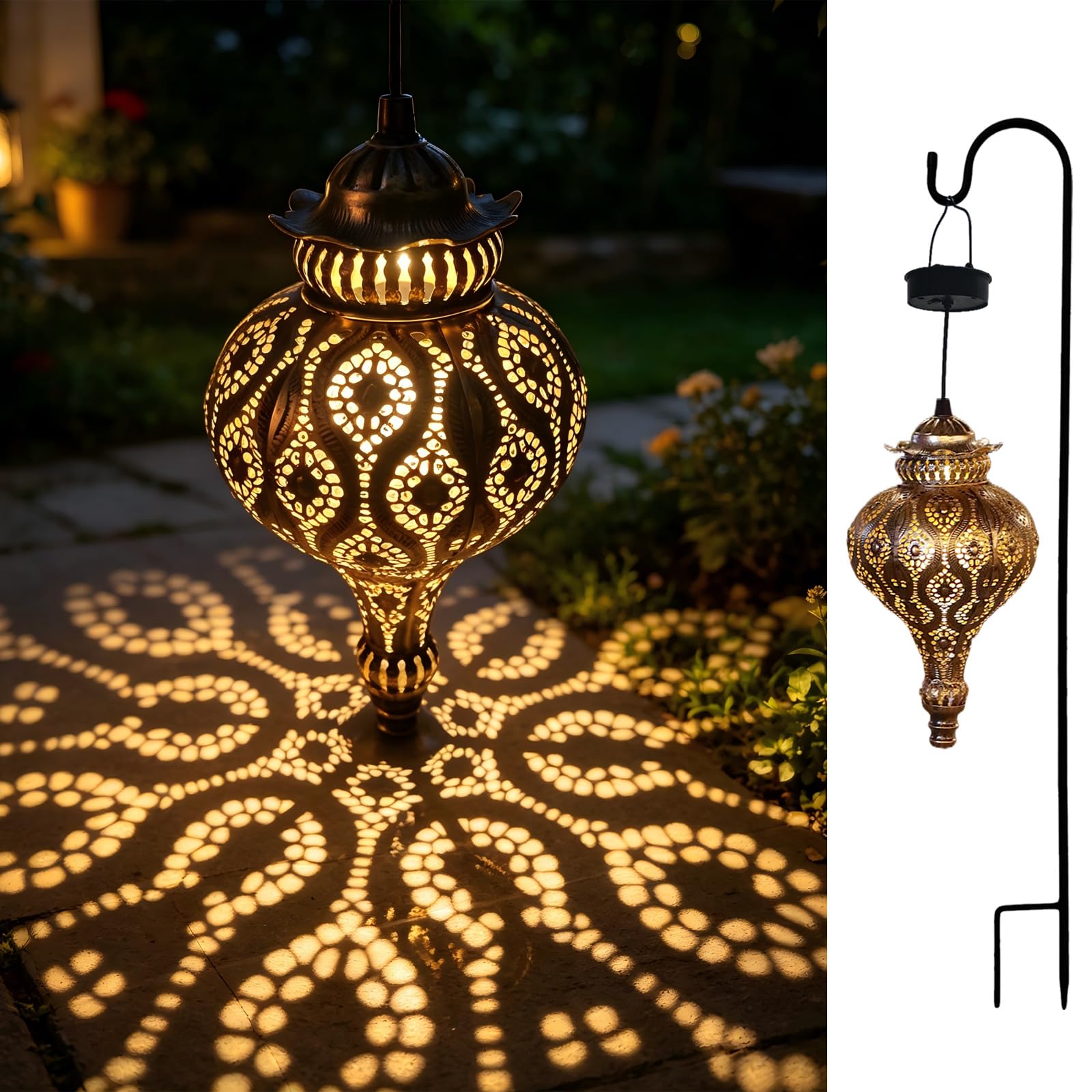 XUWEN Farol solar colgante con gancho de pastor suspendido retro de metal para colgar al aire libre, lámpara solar vintage con diseño de bombilla Edison blanca cálida para decoración de jardín, patio