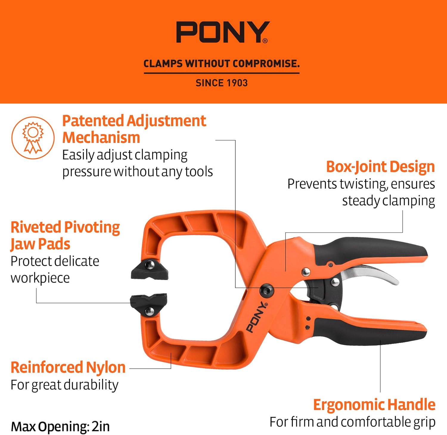 PONY 4-Pack 2-Inch Quick-Release Ratcheting Wood Clamps for Woodworking, Professional Hand Clamps with Box-Joint Design, Ergonomic Handles, 60 LBS Clamping Force