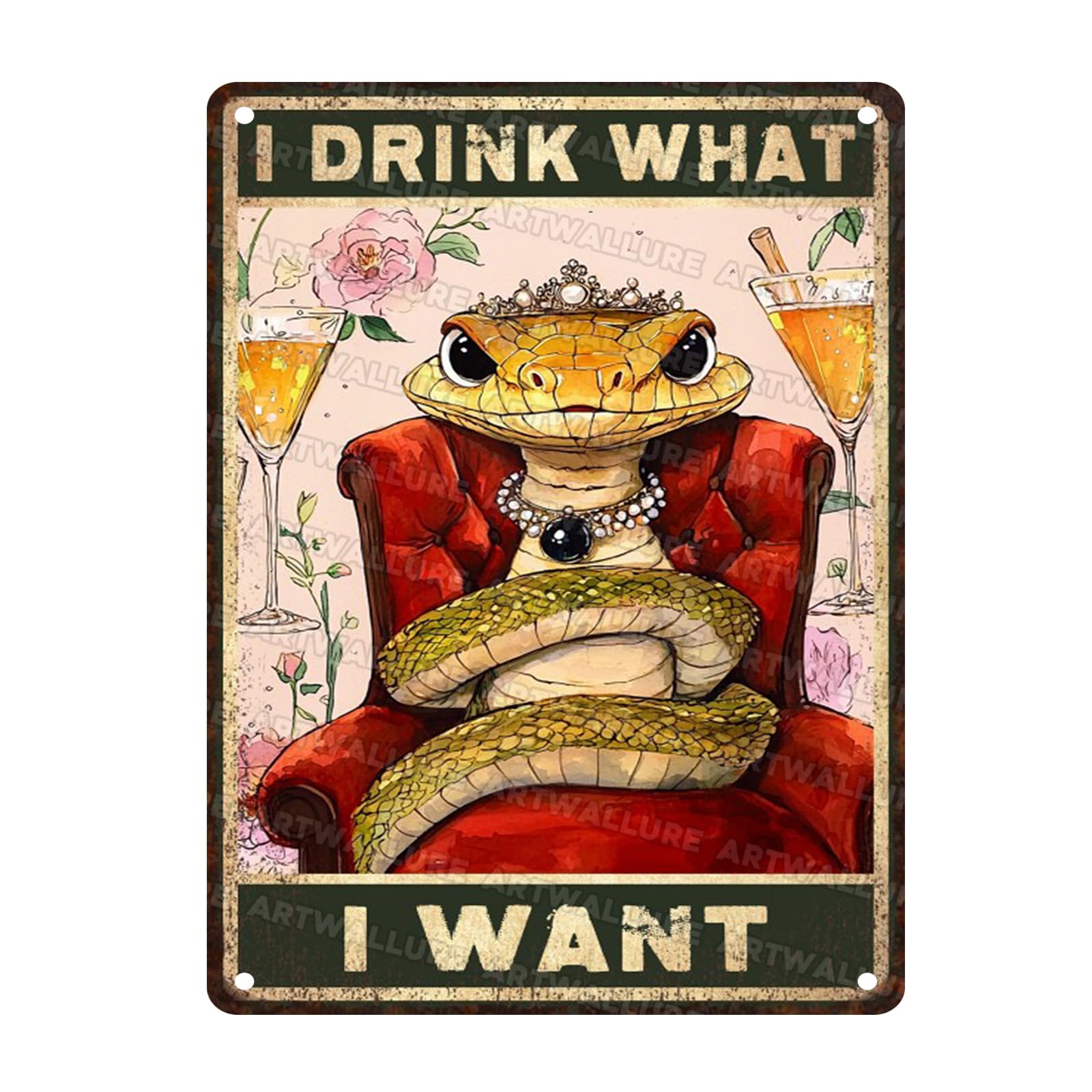 Rustic Wall Decor Metal Tin Sign Snake Queen I Drink What I Want Retro Plaque Kitchen Bar Vintage Iron Painting 12x16inch