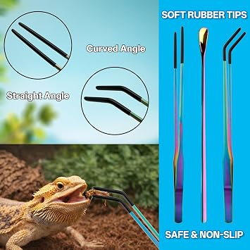 3PCS 10.6 Straight & Curved Reptile Feeding Tongs Set with Spoon | Soft Rubber Tips,Appropriate Length,Stainless Steel,Terrarium & Aquarium Essential Feeding Tools