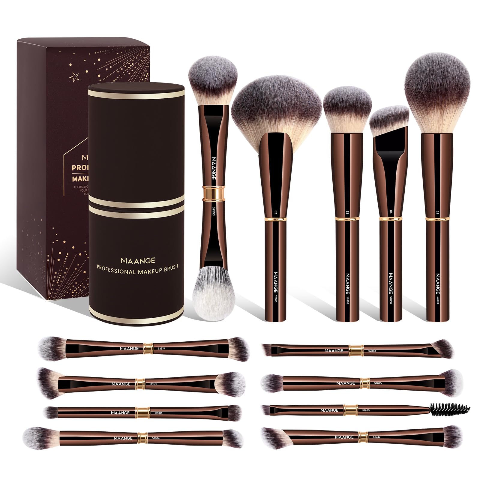MAANGE Set di pennelli per trucco, 13 pezzi, inclusi astuccio, pennelli 22-in-13 a doppia estremità per fondotinta, cipria, ombretto, correttore, fard (Caffè Oro)
