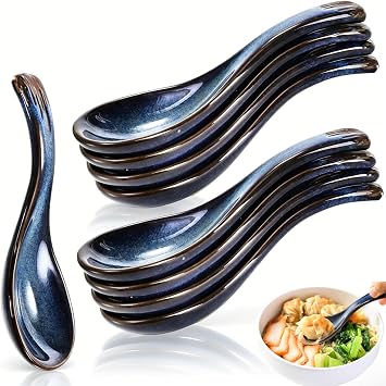 Cididu Set of 8 Asian Soup Spoon Ceramic, Blue Chinese Soup Spoons, 5.2" L | Retro Porcelain Japanese Pho Spoons with Non-Slip Bottom for Ramen, Wonton, Noodle, Miso, Dumpling, Dishwasher Safe