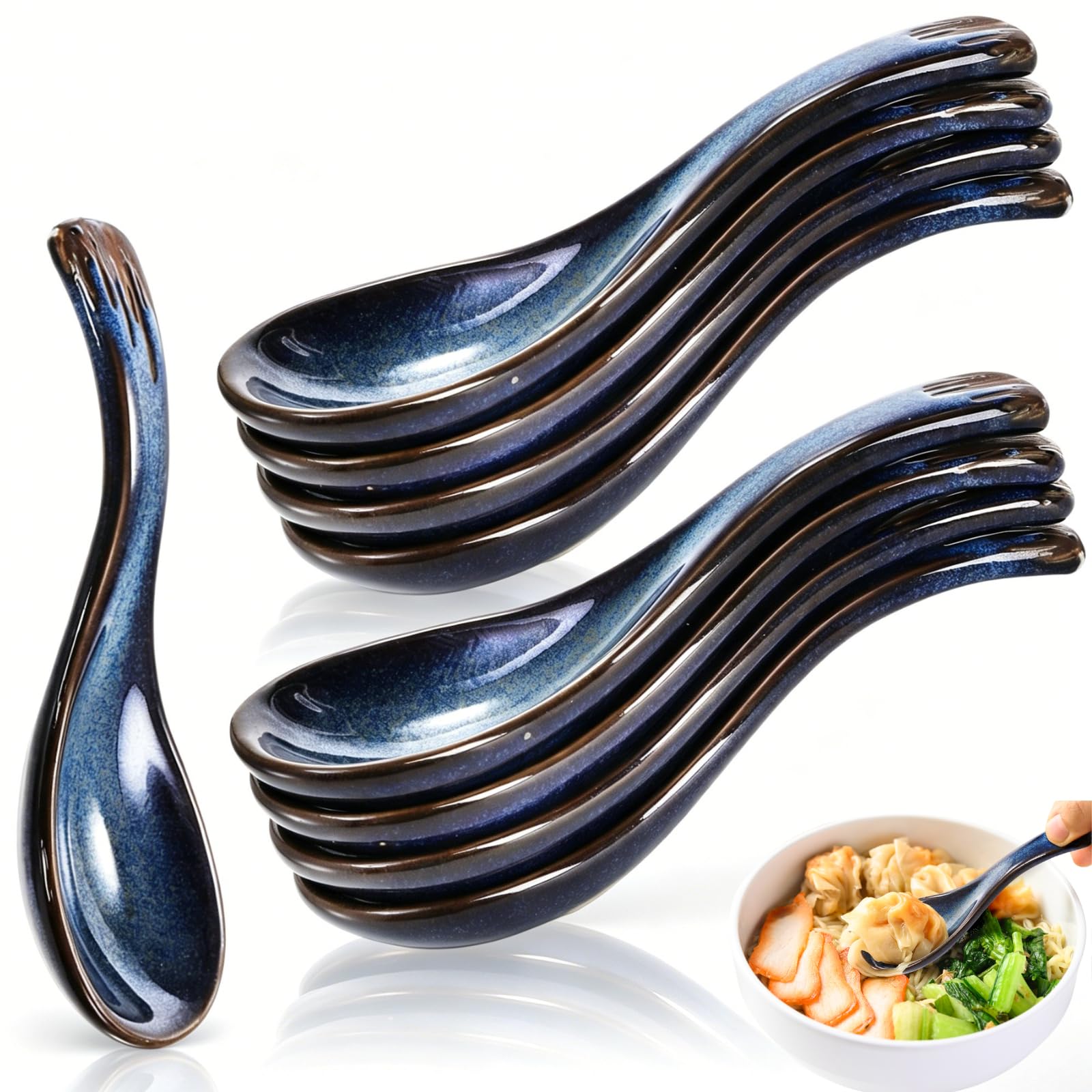 Cididu 8 Stück Asiatische Suppenlöffel Keramik, Chinesische Suppenlöffel mit rutschfester Unterseite, Retro Porzellan Löffel Japanische Pho Löffel Ramen Löffel für Wonton, Nudeln, Miso, Knödel,