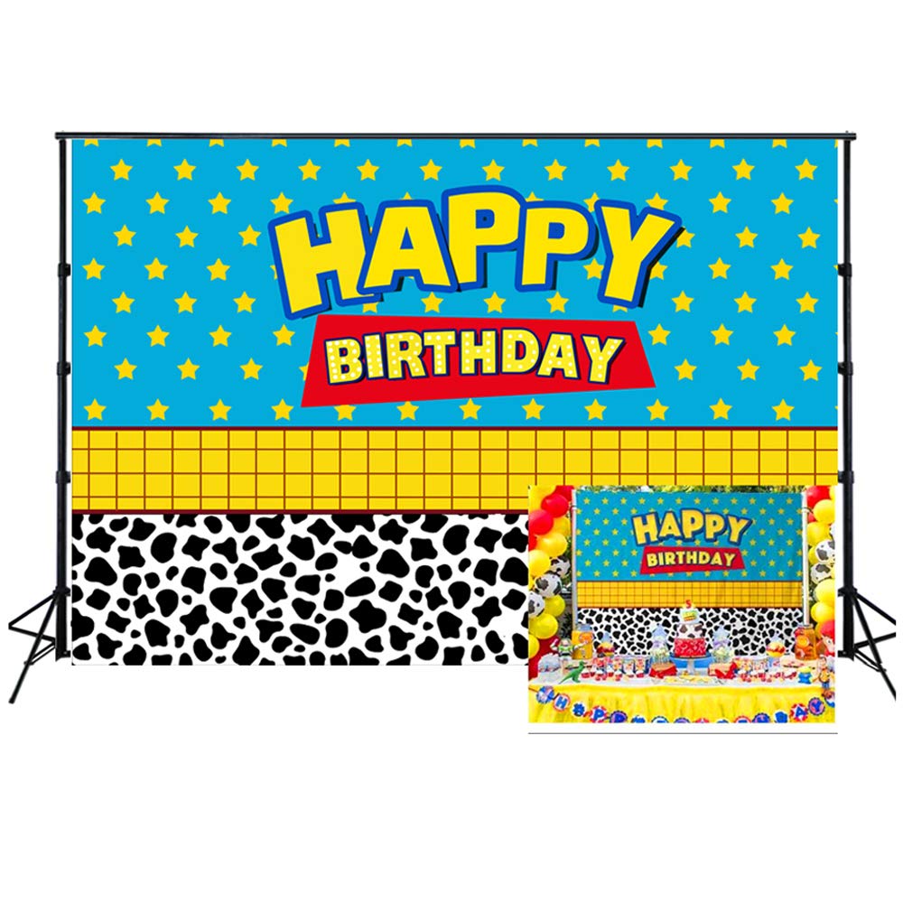 AOSTO 7x5ft Happy Birthday Banner Toy Photo Backdrop Boys Kids Birthday Story Party Decor Supplies Decorations Cake Dessert Table Background Photo Booth W-2299