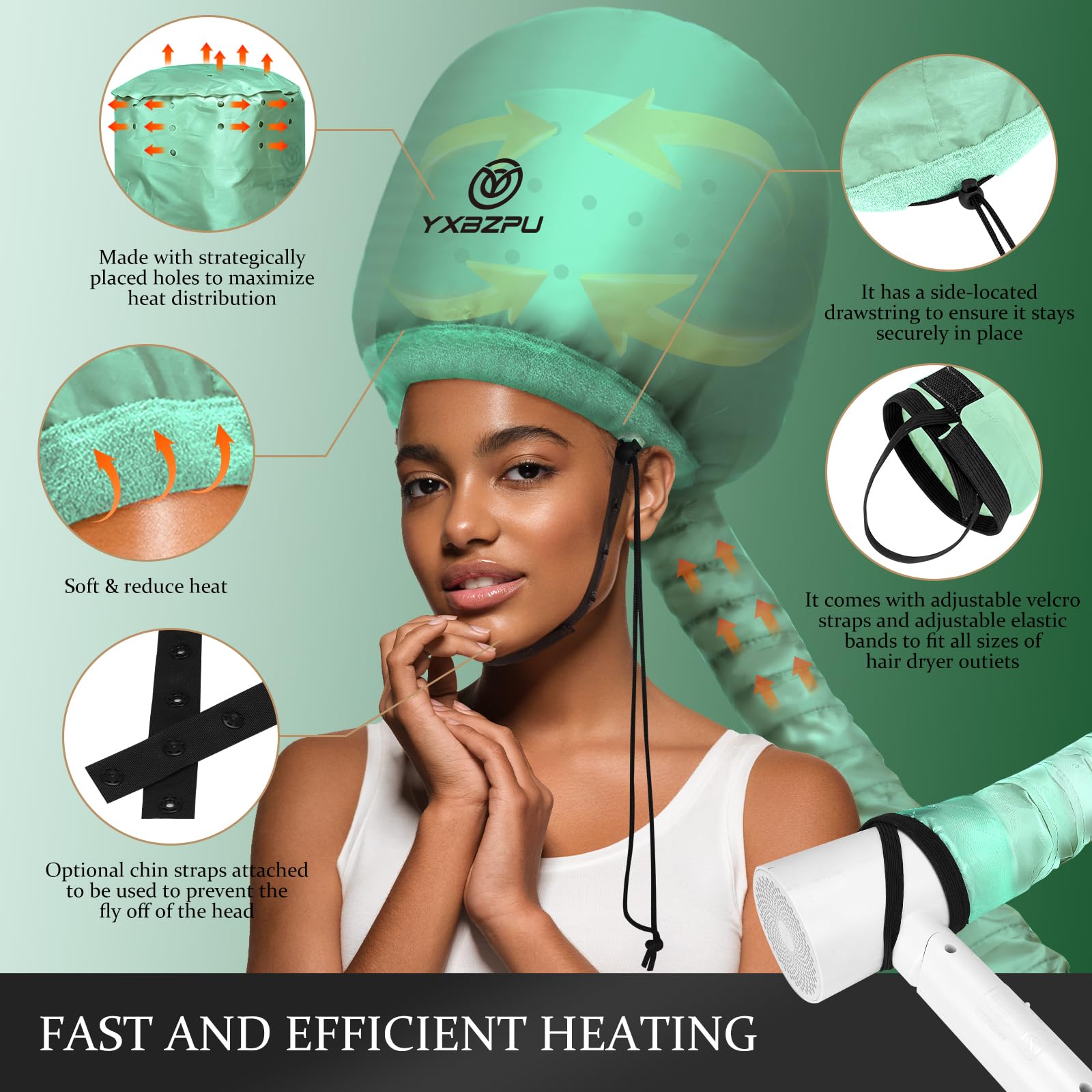 Bonnet Hair Dryer,Hooded Hair Dryer Hooded Diffuser Cap for Curly,Speeds Up Drying Time,Safety Deep Conditioning at Home (Green)