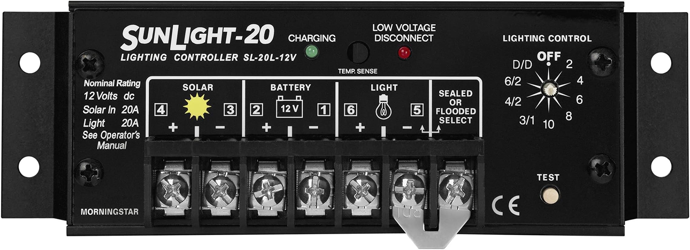Morningstar Sunlight 20A Solar Charge Controller (SL-20L-12V) - Solar Panel Regulator for 12 Volt Batteries, Lighting Ctrl, Easy Setup, Corrosion Resistant Terminals, 5 Year WTY - Designed in The USA