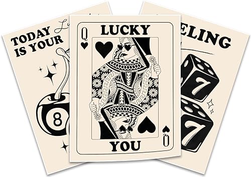 BingruiArt Juego de 3 lienzos de pared retro de moda, color negro cereza, decoración de 8 bolas, imágenes de tarjetas de reina de corazones,