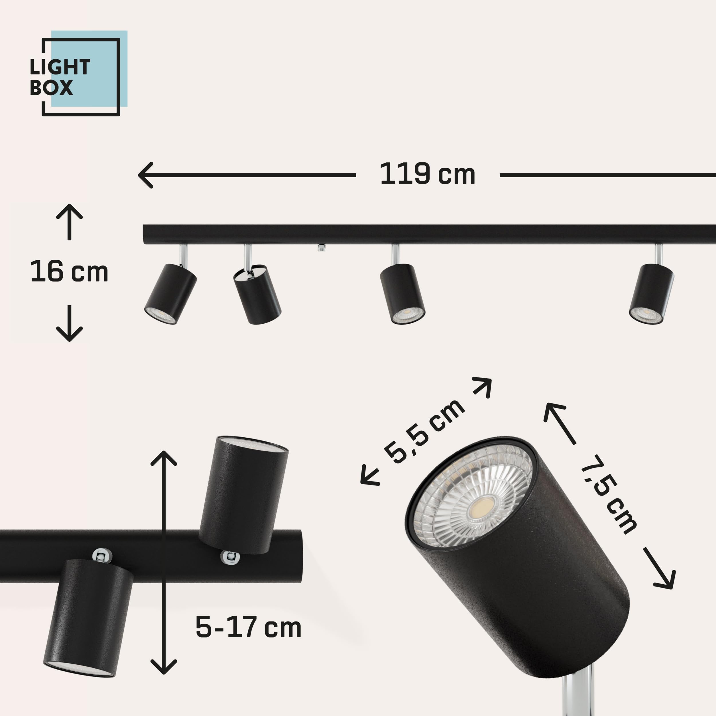 Lightbox Deckenlampe LED 6 flammig schwenkbare Spots GU10 Metall Schwarz
