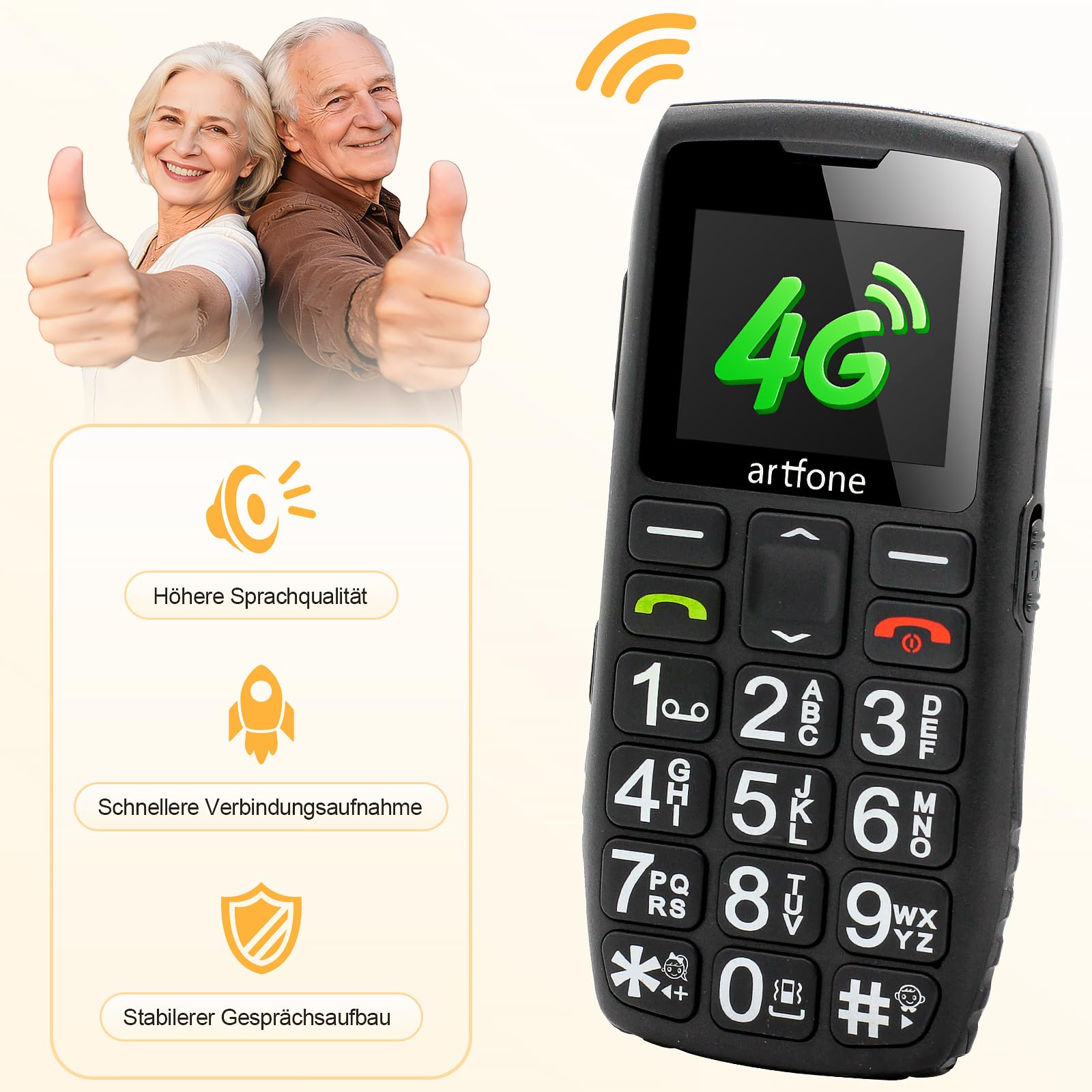 artfone 4G seniorenhandy ohne vertrag, Handy für senioren, Taschenlampe, Großer Lautstärkeregler, SIM mit Notruftaste, USB-C, 1800 mAh Akku & 1,77 Zoll Display