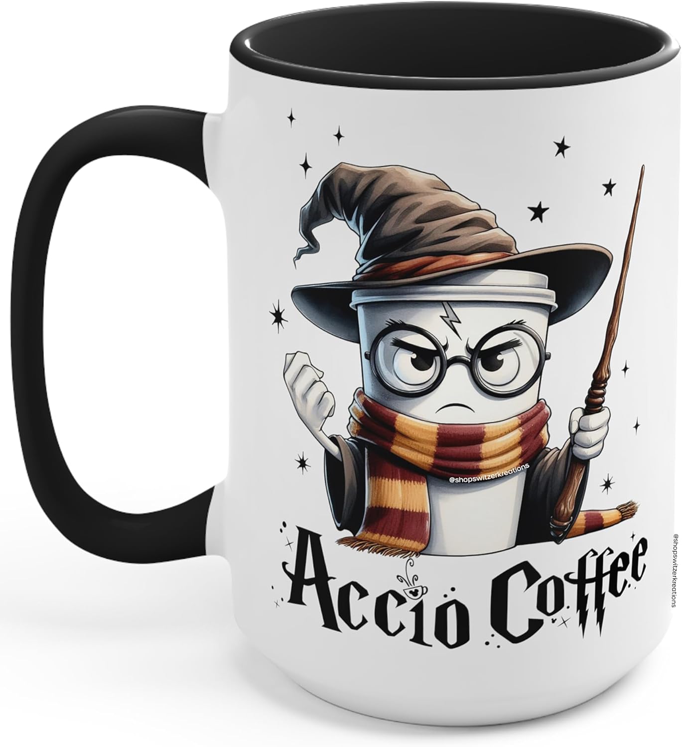 Accio Coffee Mug, Spell Charm Funny Sarcasm, Book Lover Gift, Cool Christmas Birthday Present for Potter Fans, Any Occasion Coffee Drinker - Ceramic Black Accent White - 15 Ounces