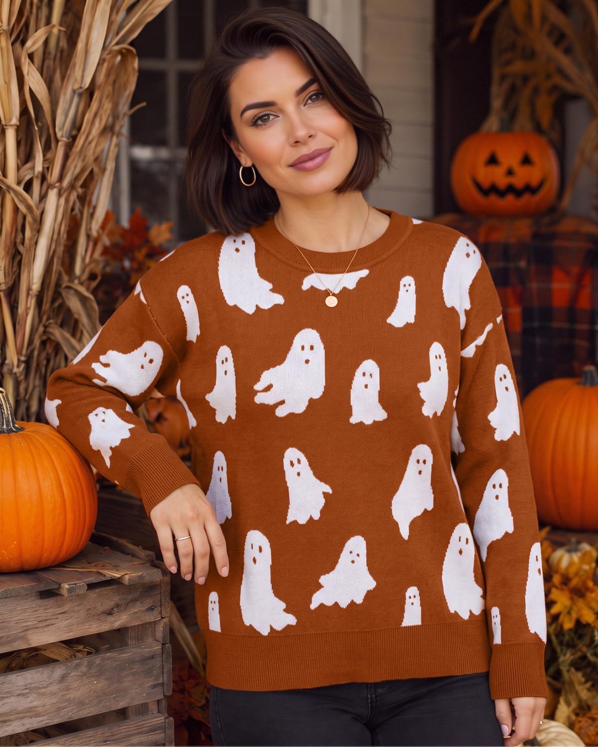 ASTANFY Halloween Sweaters for Women Ghost Graphic Sweaters Holiday