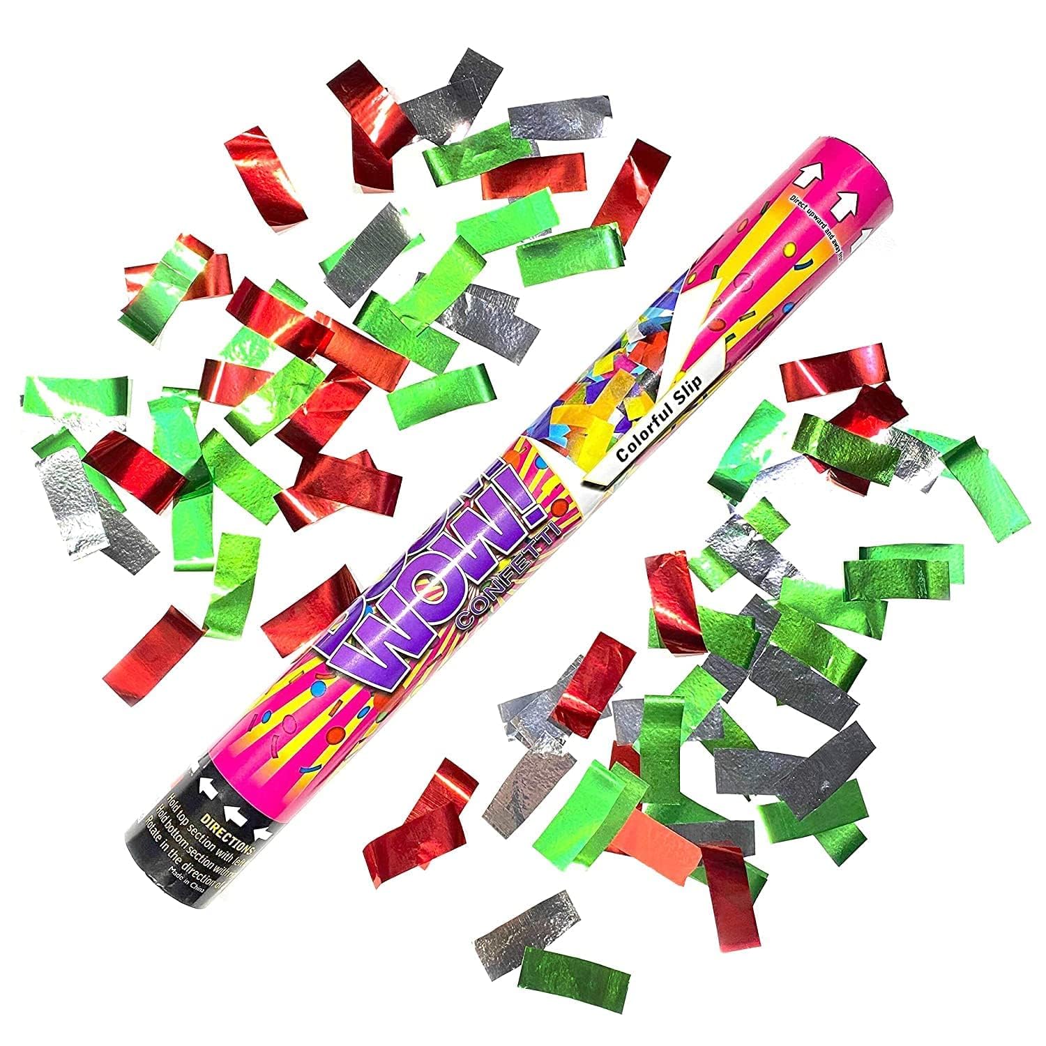Boomwow Confetti Twist & Shoot Popper for Parties, New Year Eve, Festivals, Weddings, Birthdays and all Celebrations, Compressed Air, 100% Safe (45 cm, Red, Green and Silver Metallic)